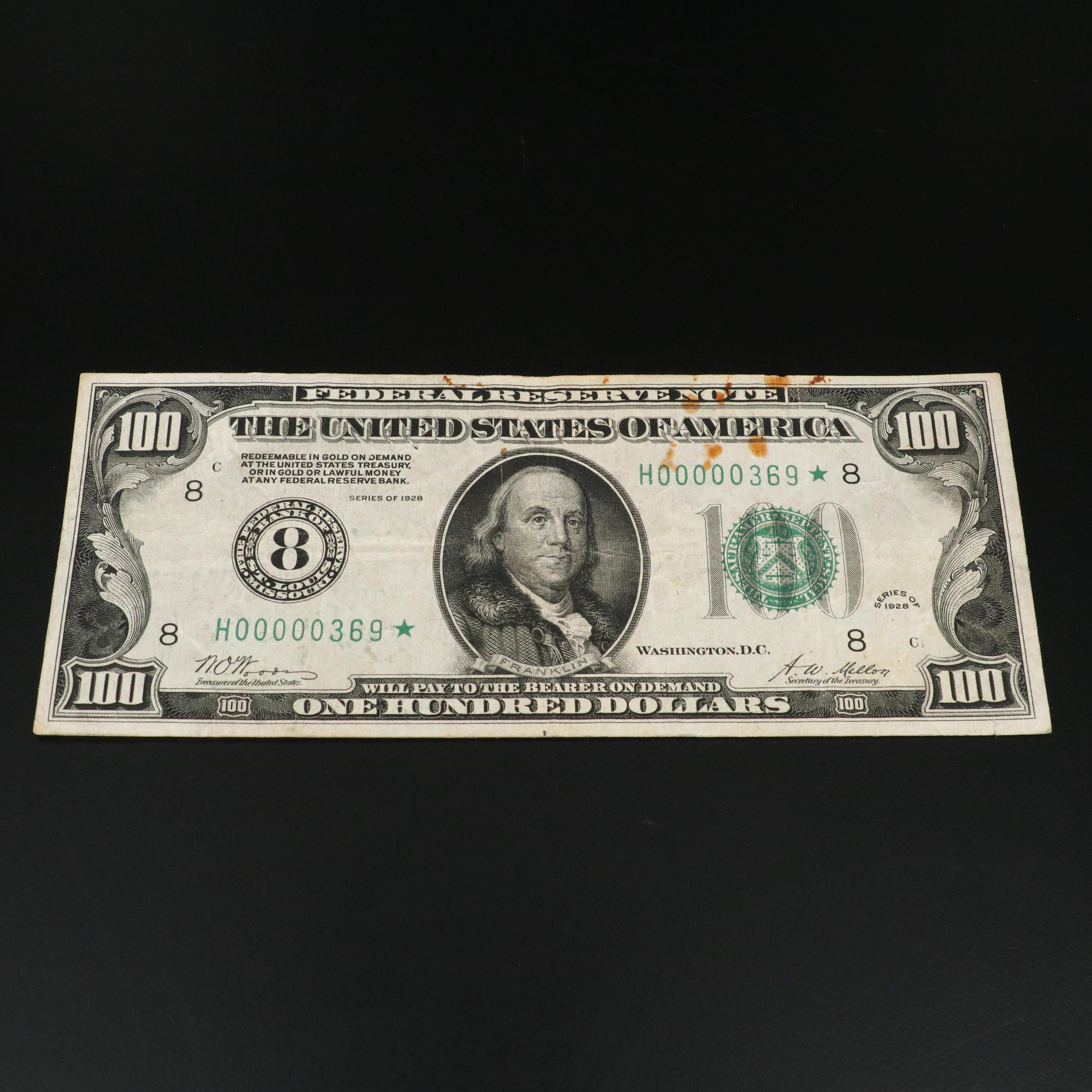 1928 One Hundred Dollar Federal Reserve Star Note With Low Serial Number