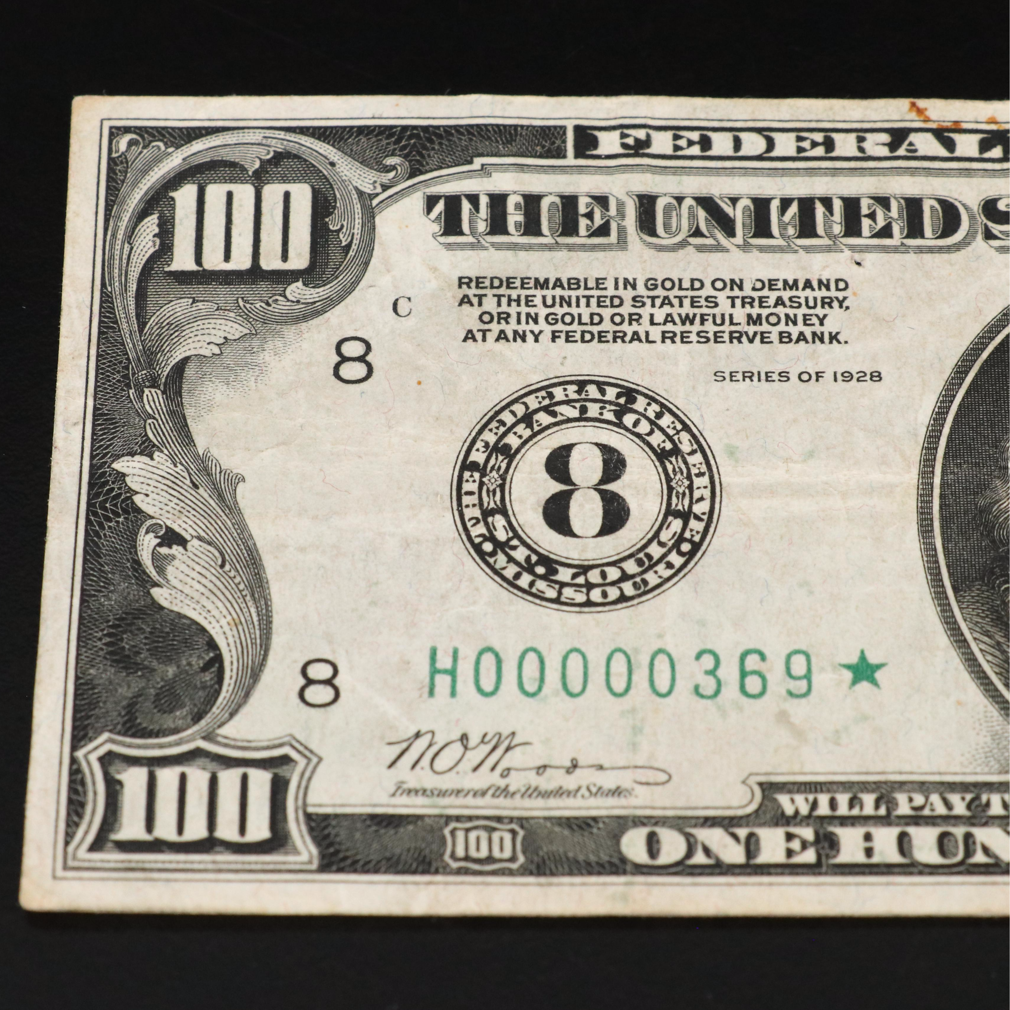 1928 One Hundred Dollar Federal Reserve Star Note With Low Serial Number