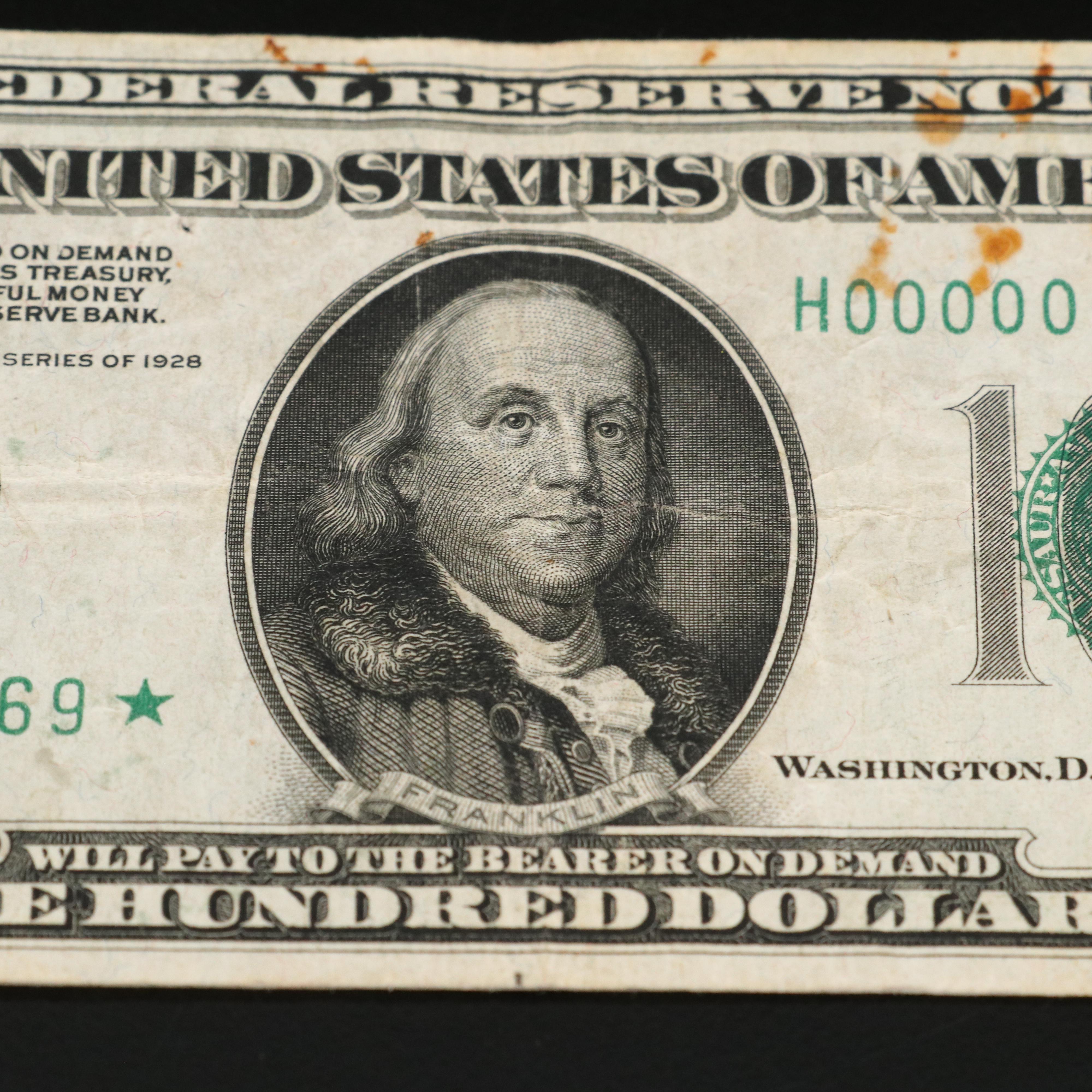1928 One Hundred Dollar Federal Reserve Star Note With Low Serial Number