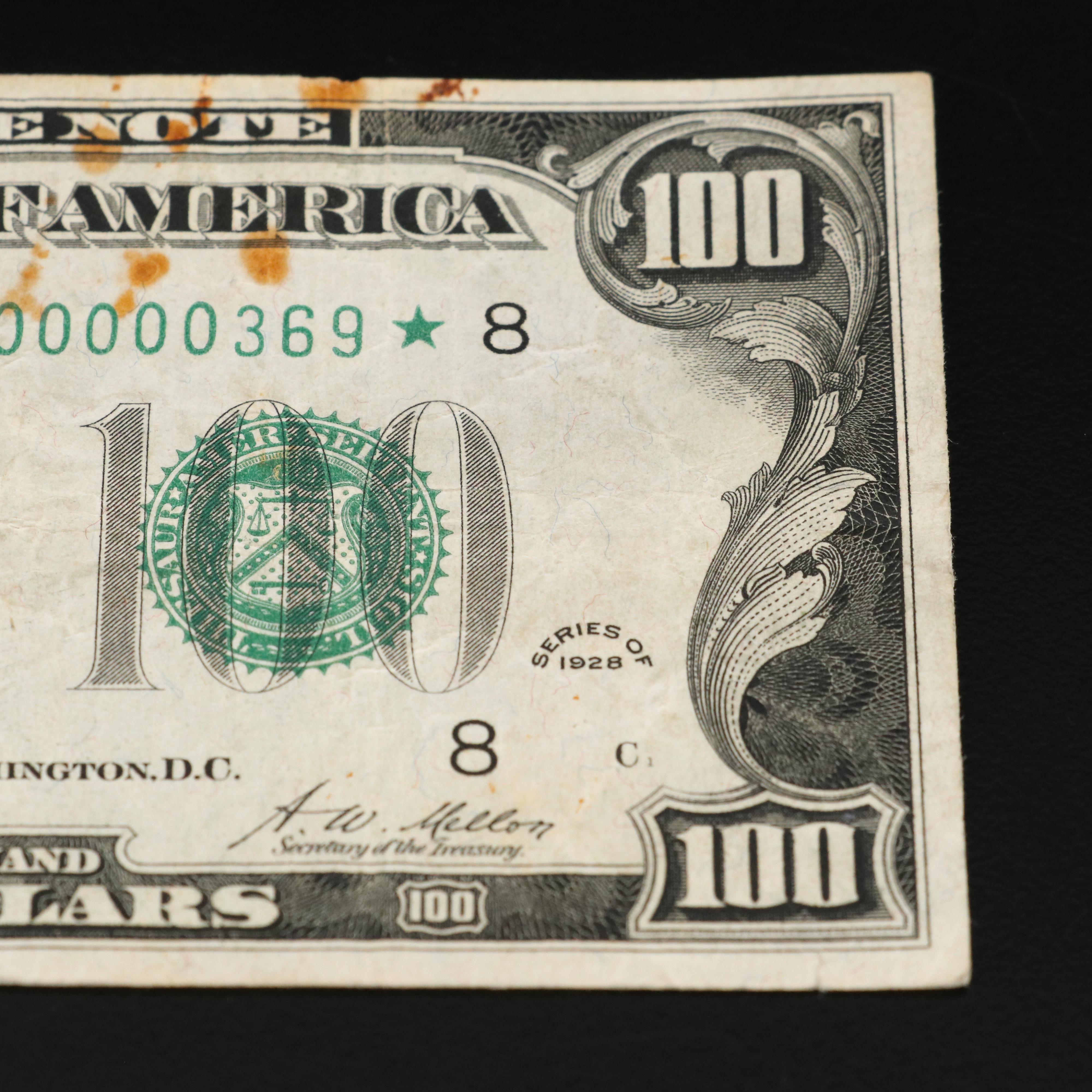 1928 One Hundred Dollar Federal Reserve Star Note With Low Serial Number