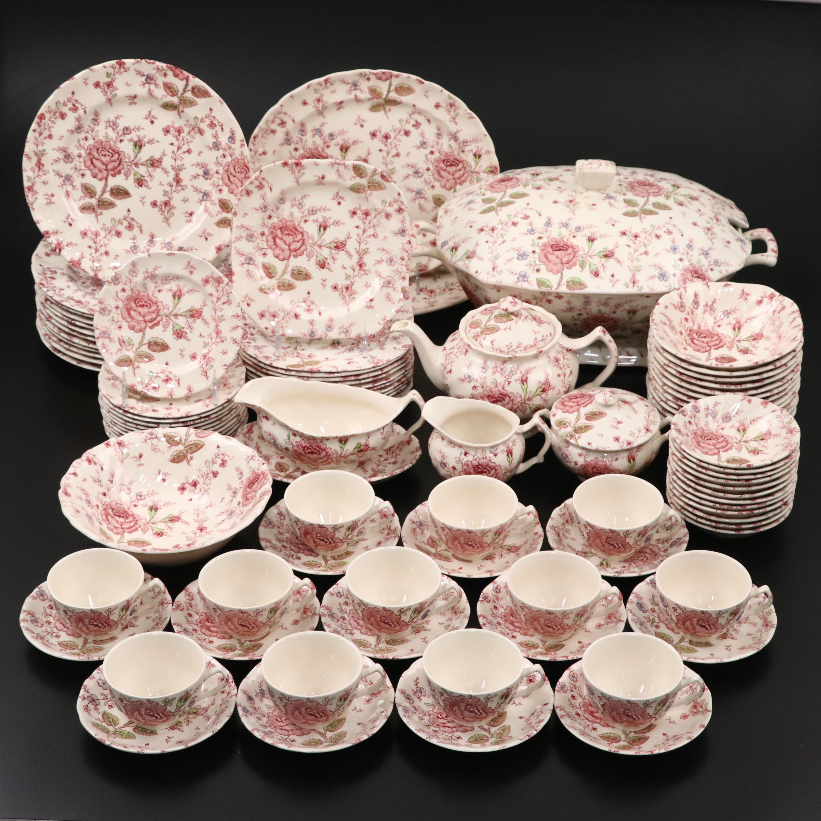 Johnson Bros Pink "Rose Chintz" Ironstone Dinnerware, Mid to Late 20th Century