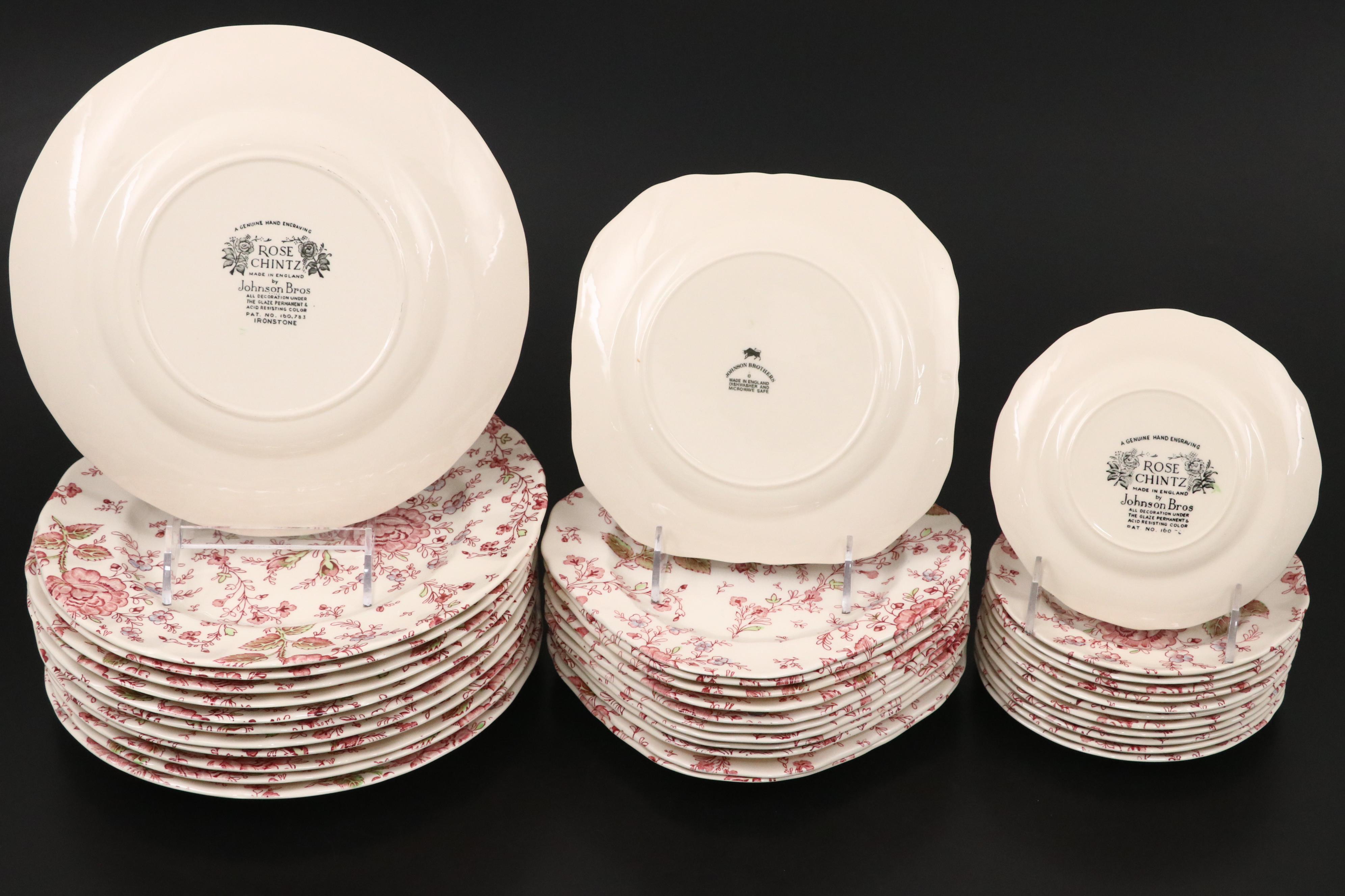 Johnson Bros Pink "Rose Chintz" Ironstone Dinnerware, Mid to Late 20th Century