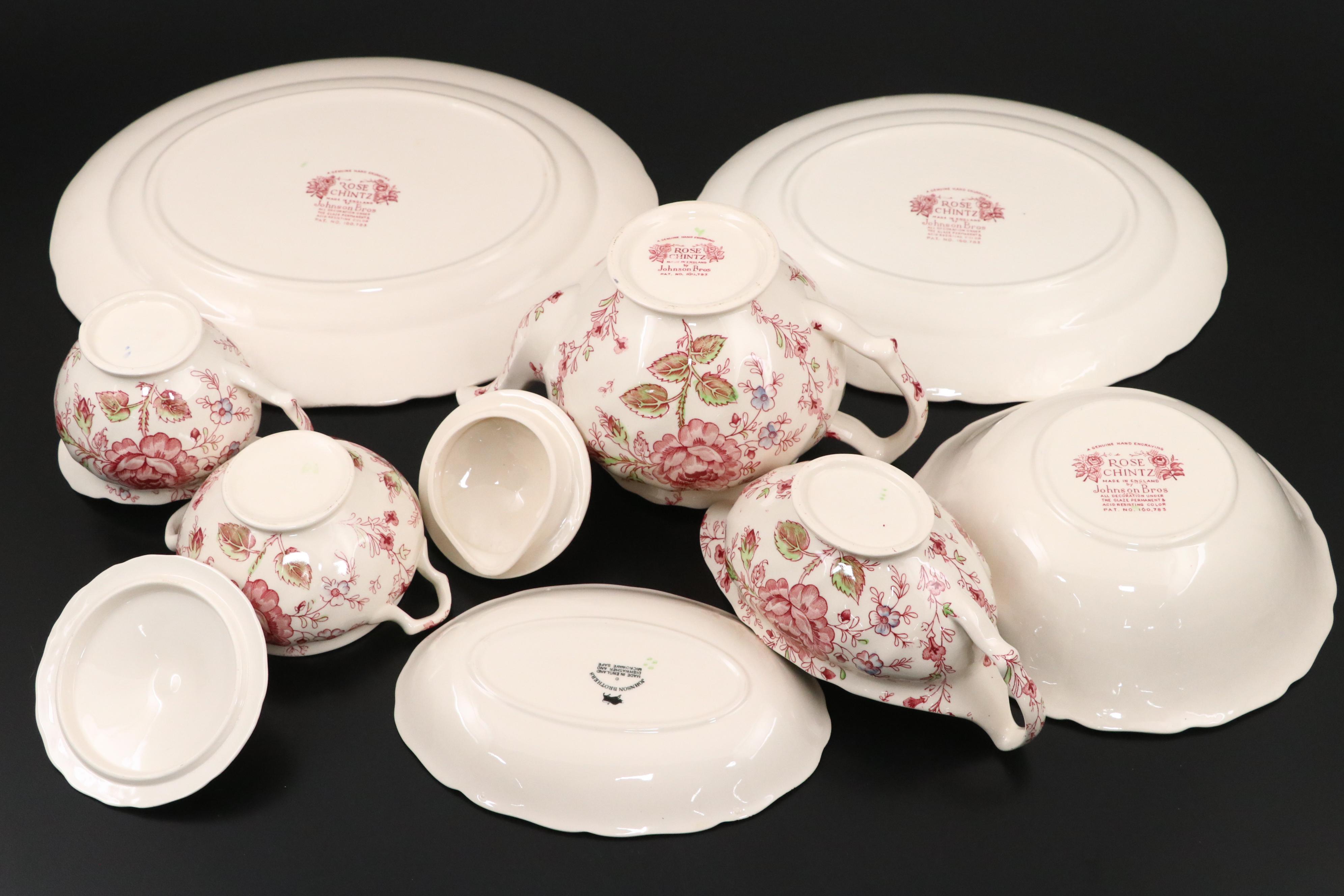 Johnson Bros Pink "Rose Chintz" Ironstone Dinnerware, Mid to Late 20th Century
