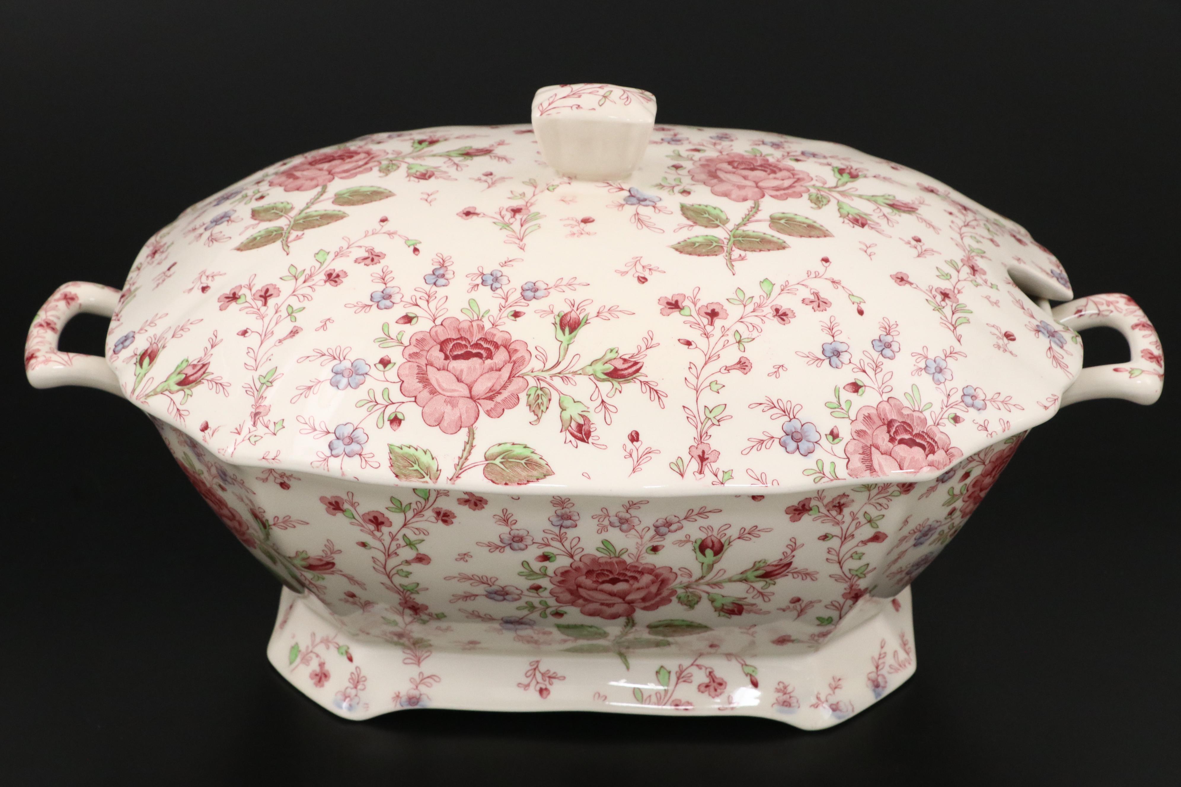 Johnson Bros Pink "Rose Chintz" Ironstone Dinnerware, Mid to Late 20th Century
