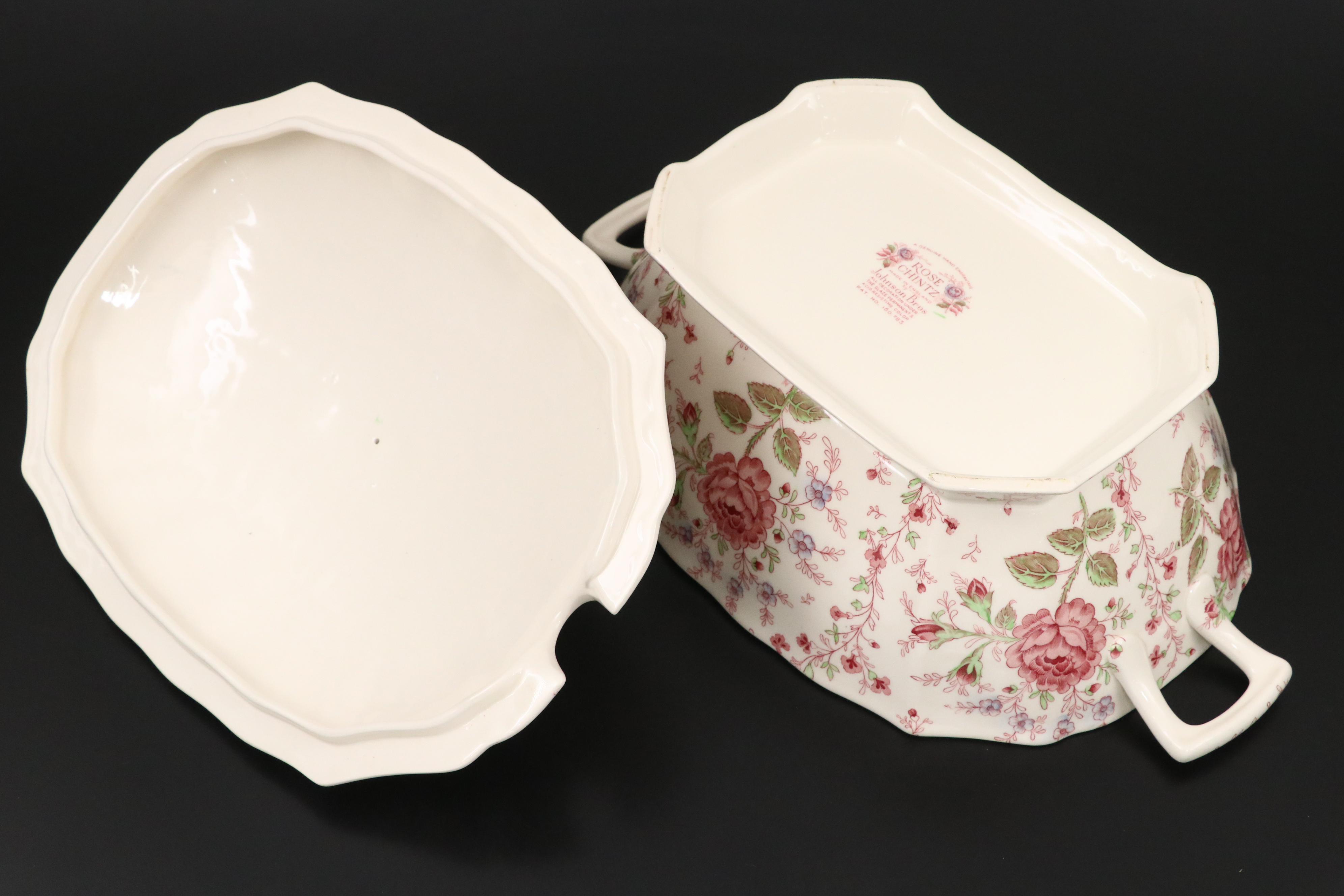 Johnson Bros Pink "Rose Chintz" Ironstone Dinnerware, Mid to Late 20th Century