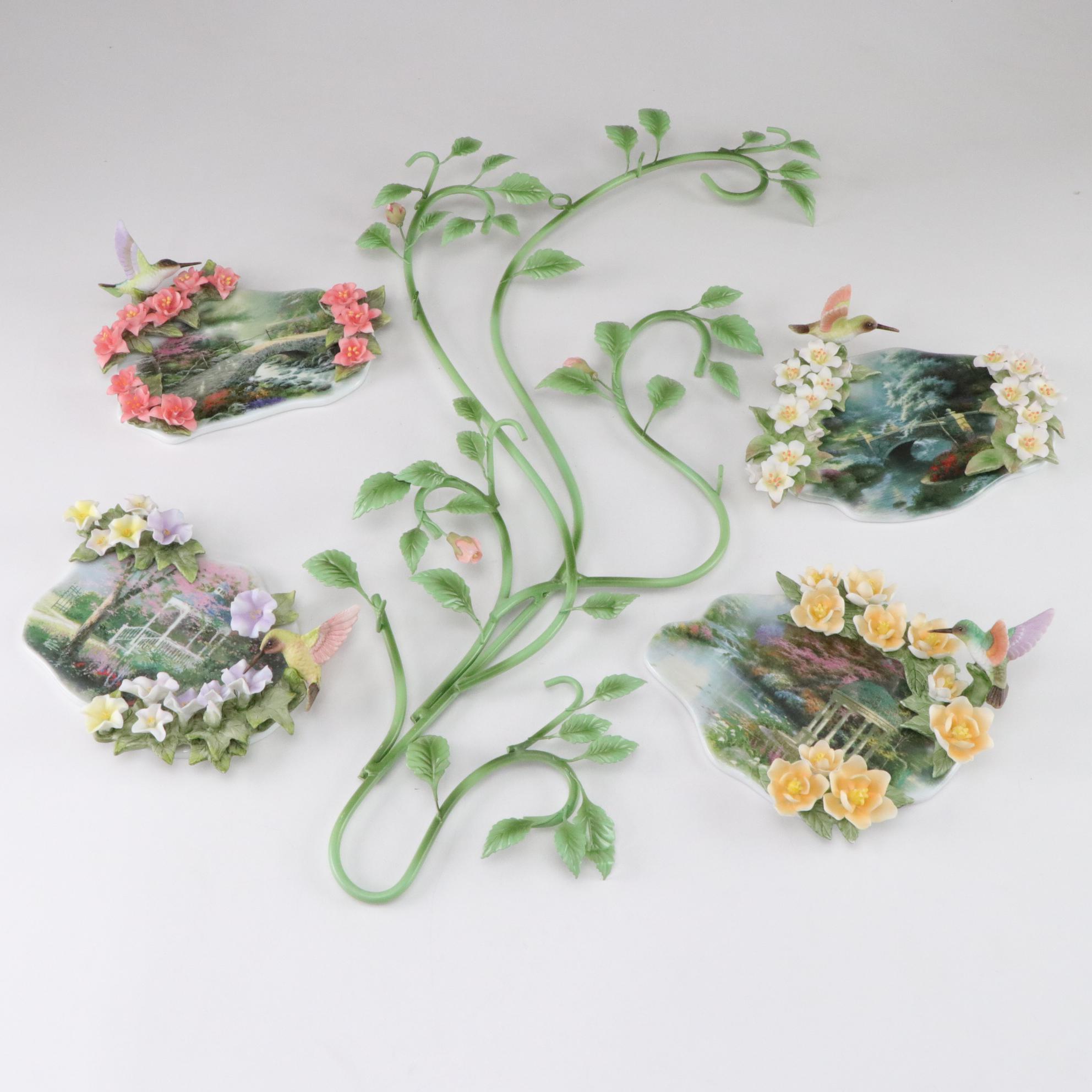 Floral Metal Wall Hanging with Four Thomas Kinkade Hummingbird Plaques