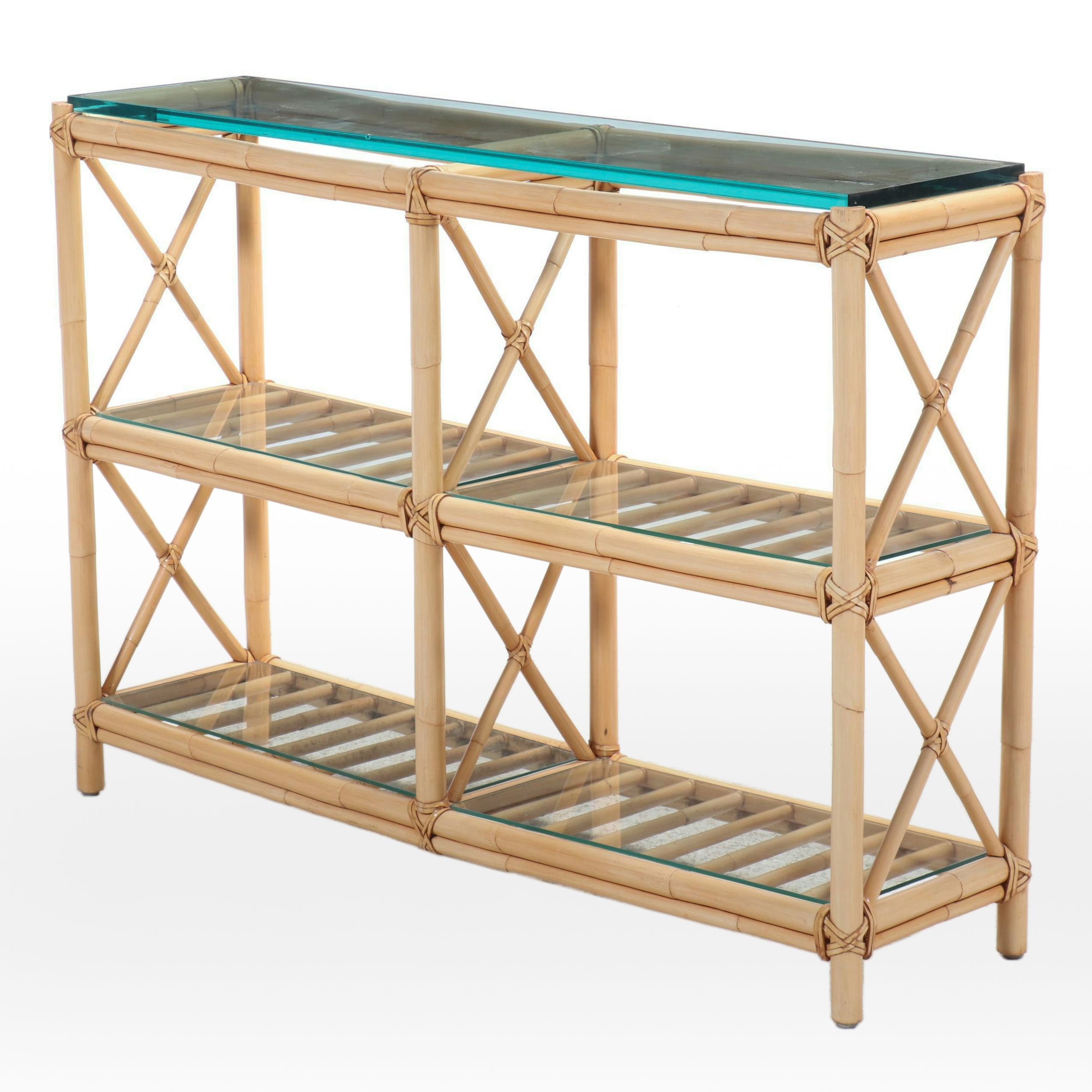 Rattan and Glass Three-Tier Console Table