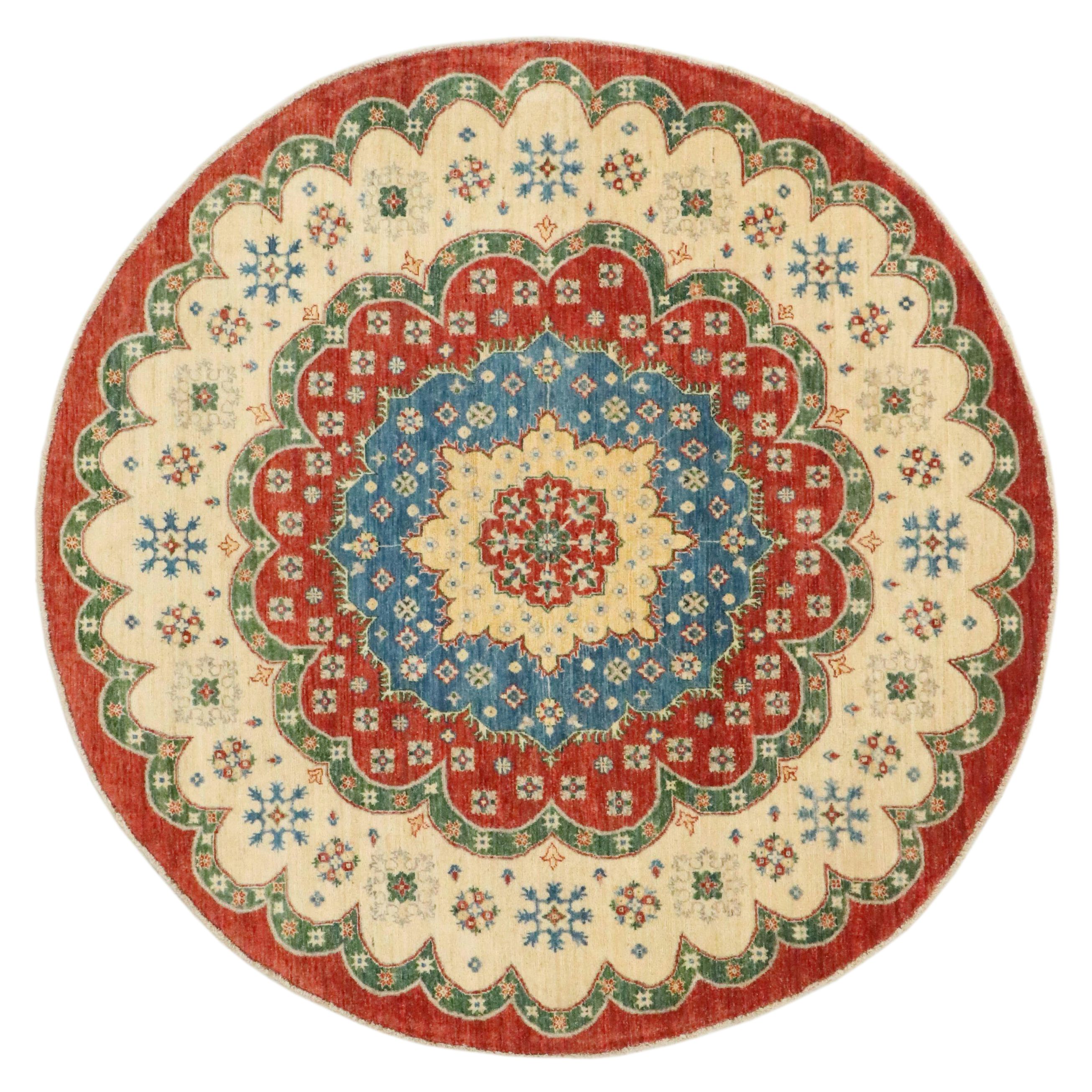 6'6 Round Hand-Knotted Afghan Kazak Area Rug