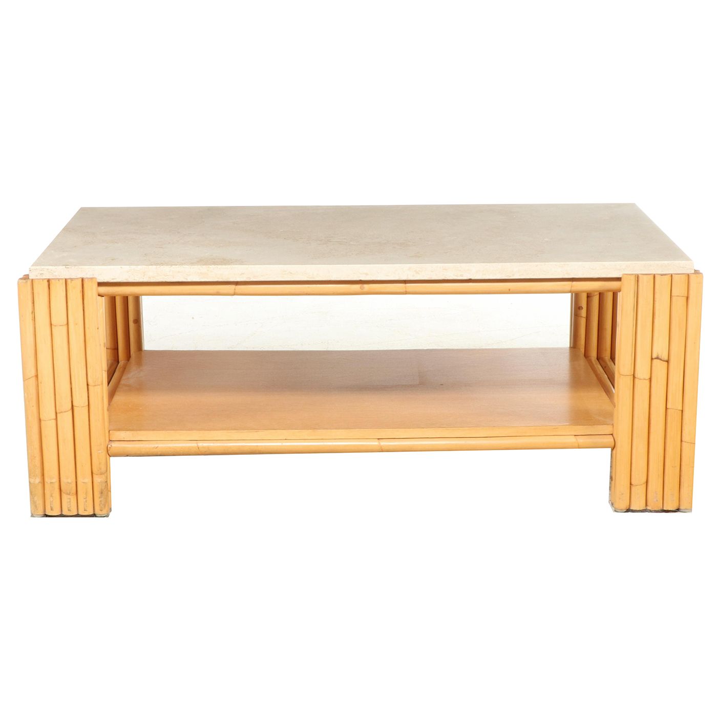Modernist Rattan and Stone Top Coffee Table