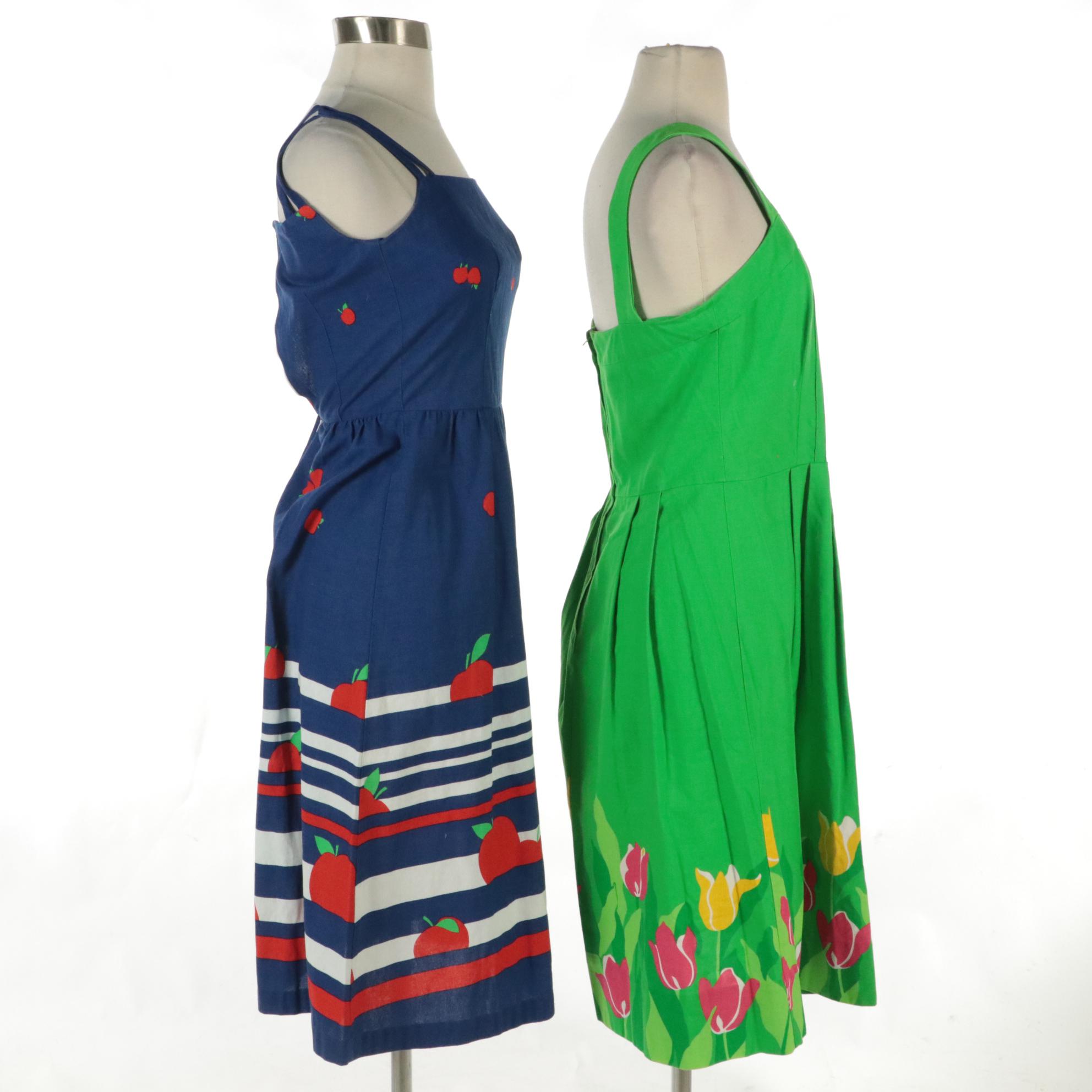 Malia Honolulu Tulip and Apple Print Cotton Sundresses, 1970s
