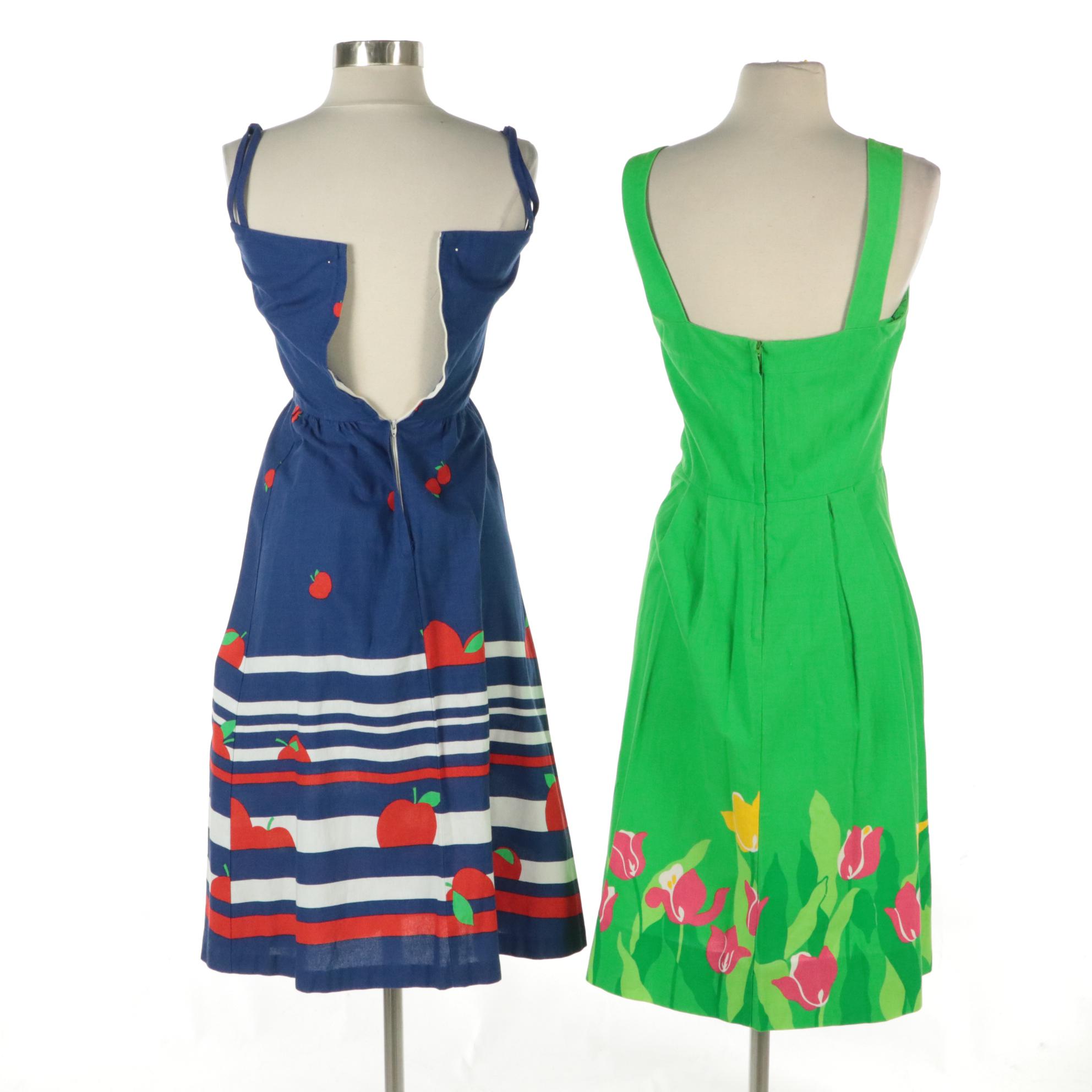 Malia Honolulu Tulip and Apple Print Cotton Sundresses, 1970s