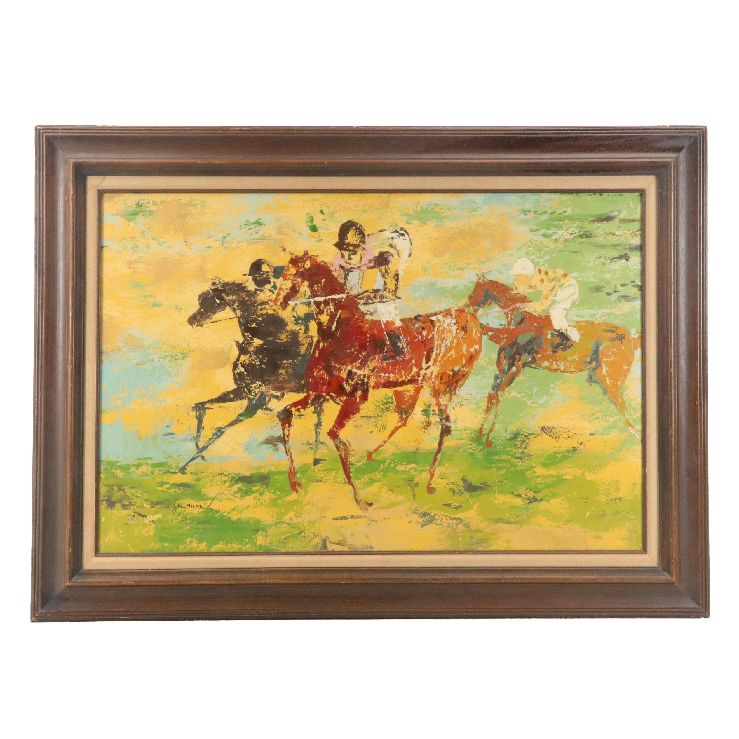 Youngerman Thoroughbred Horse Racing Scene Oil Painting, Mid-20th Century