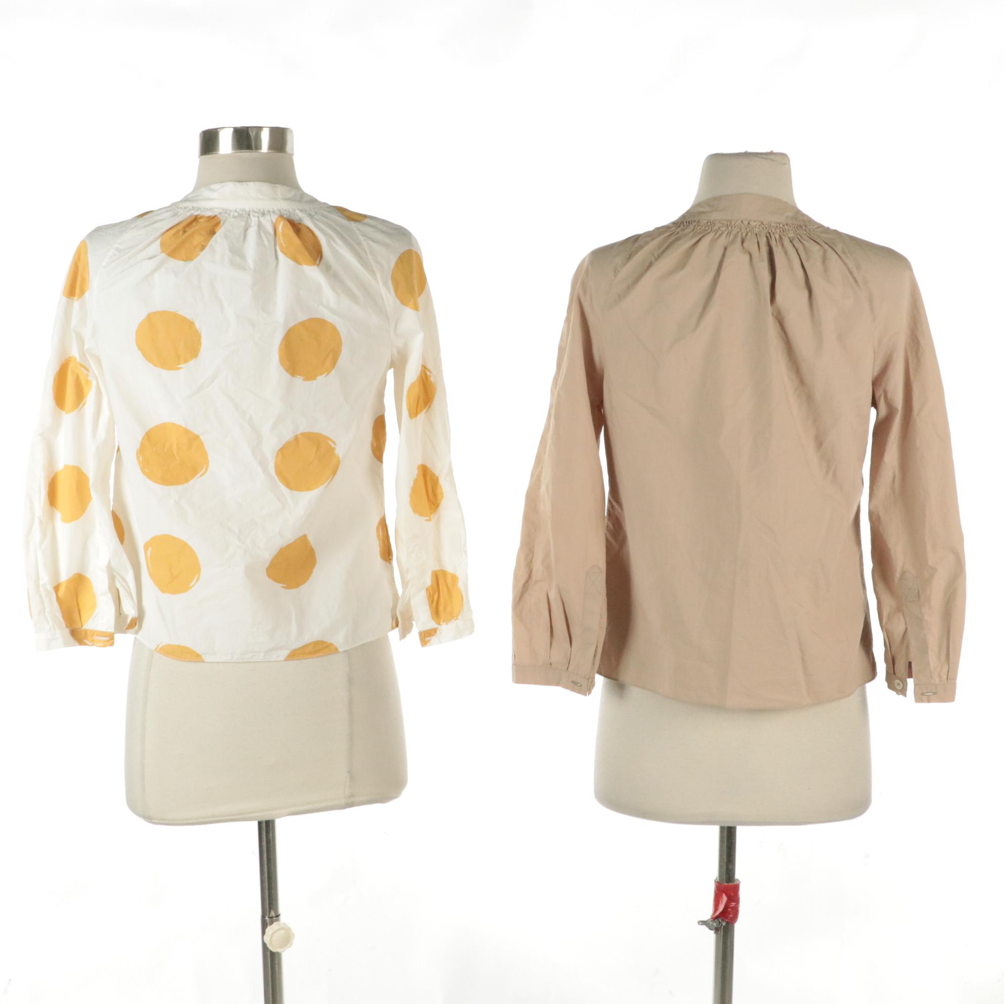 Marni Long Sleeve Button-Down Blouses in Yellow/White Polka Dots & Brown Cotton