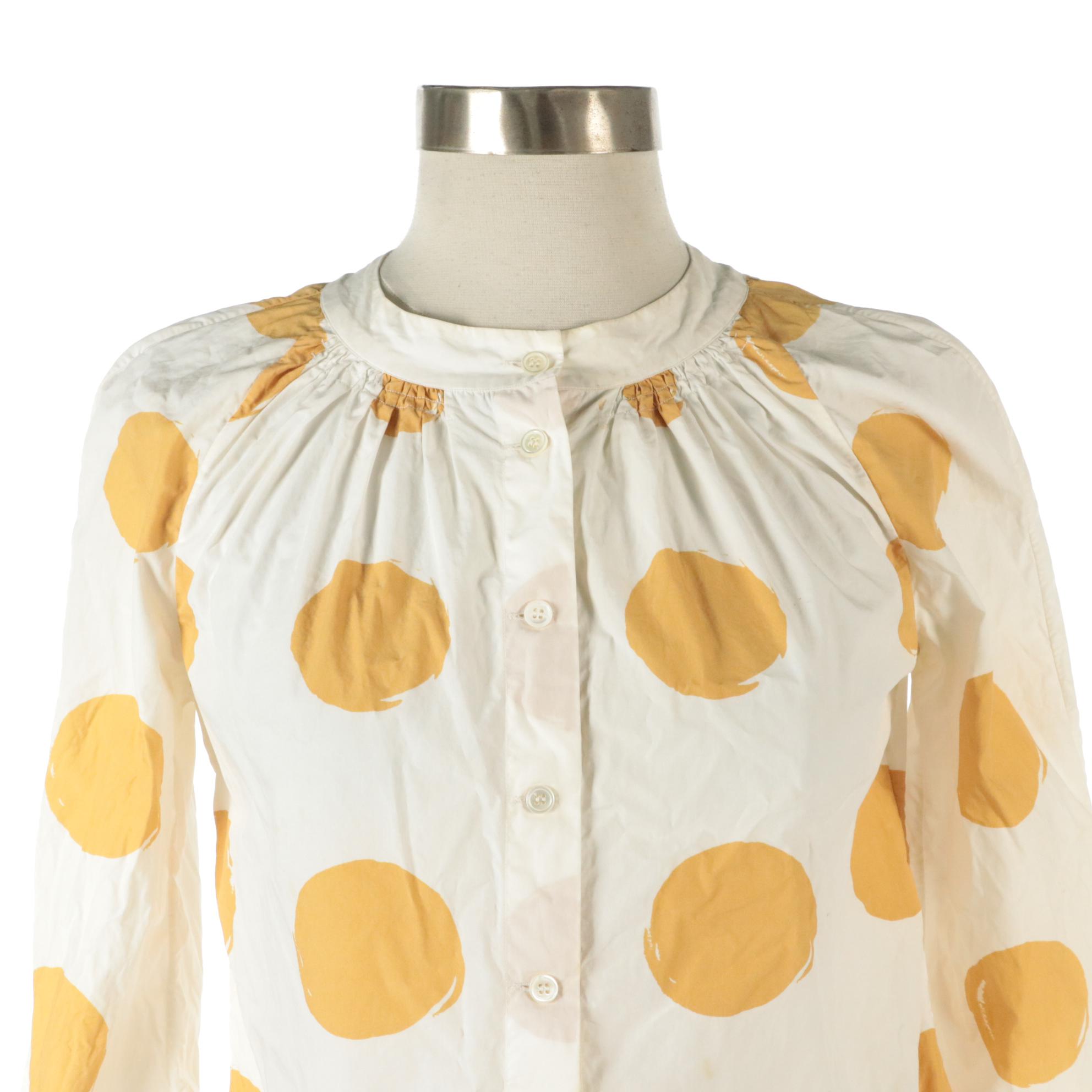 Marni Long Sleeve Button-Down Blouses in Yellow/White Polka Dots & Brown Cotton