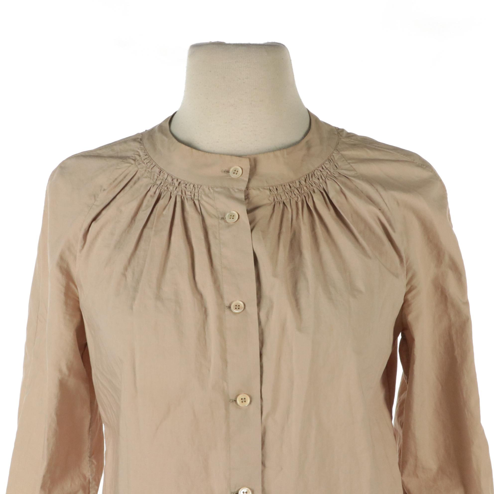 Marni Long Sleeve Button-Down Blouses in Yellow/White Polka Dots & Brown Cotton