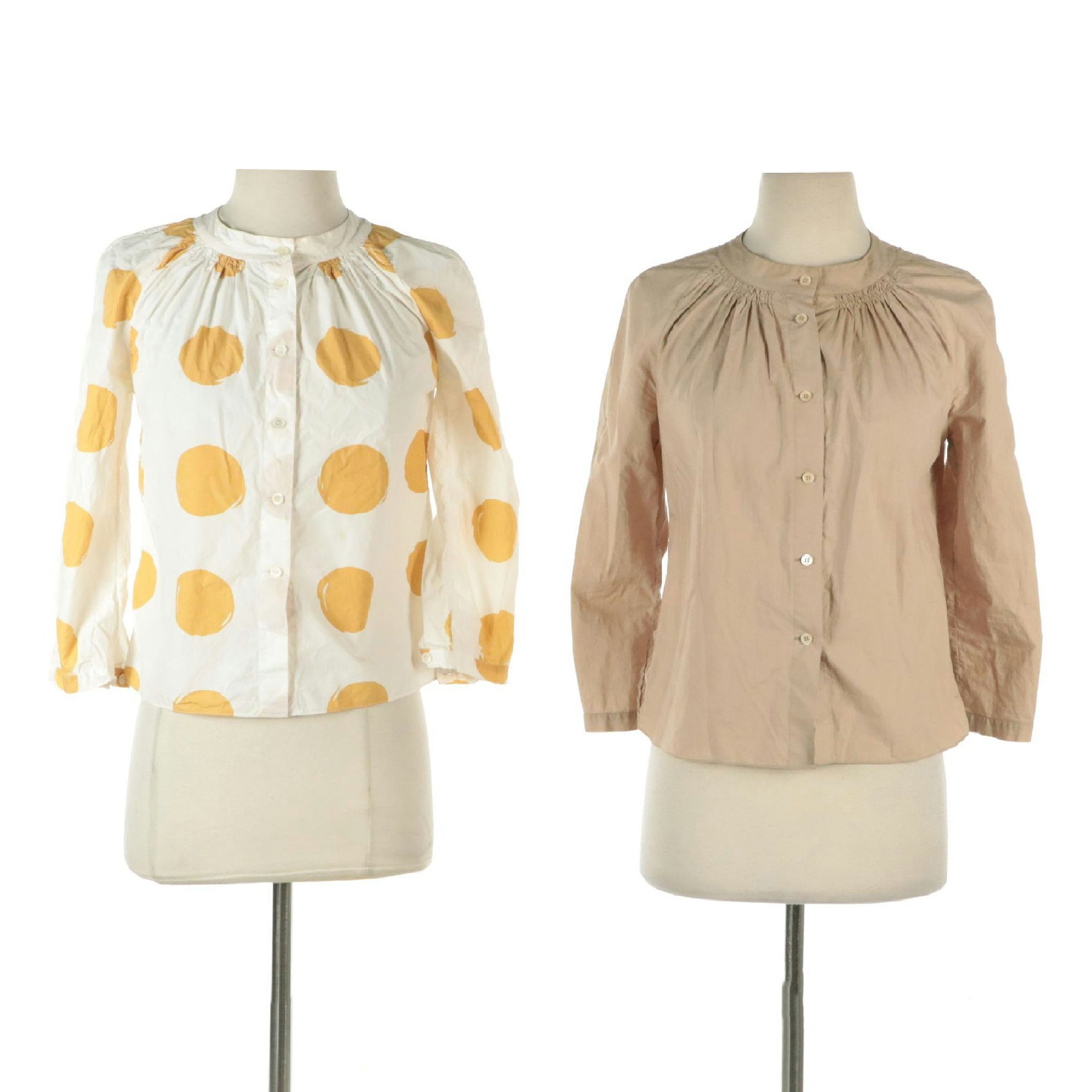 Marni Long Sleeve Button-Down Blouses in Yellow/White Polka Dots & Brown Cotton