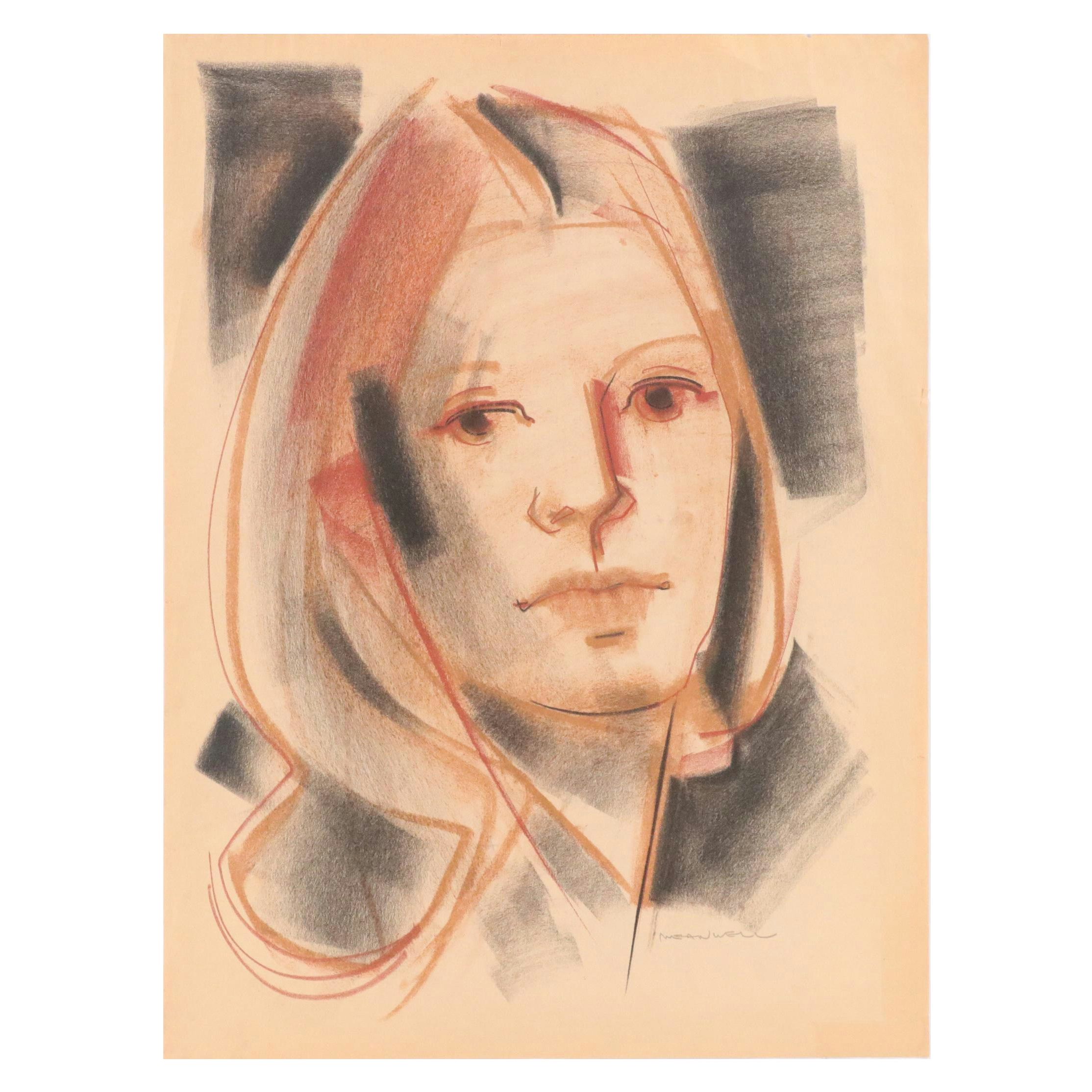 Jack Meanwell Portrait Pastel Drawing of Young Woman, Late 20th Century