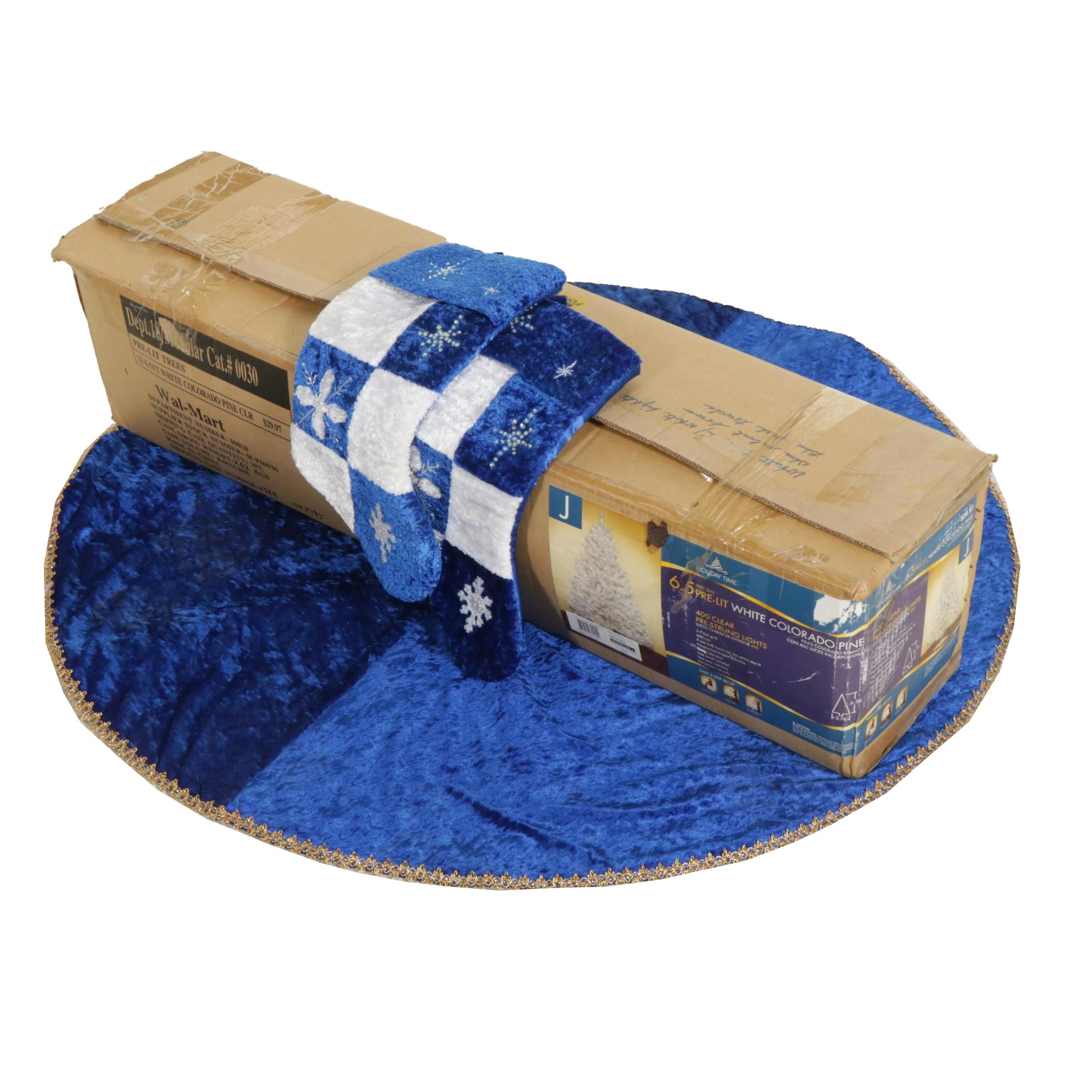 Pre-Lit 6.5 Ft. White Colorado Pine Christmas Tree with Blue Tree Skirt and More