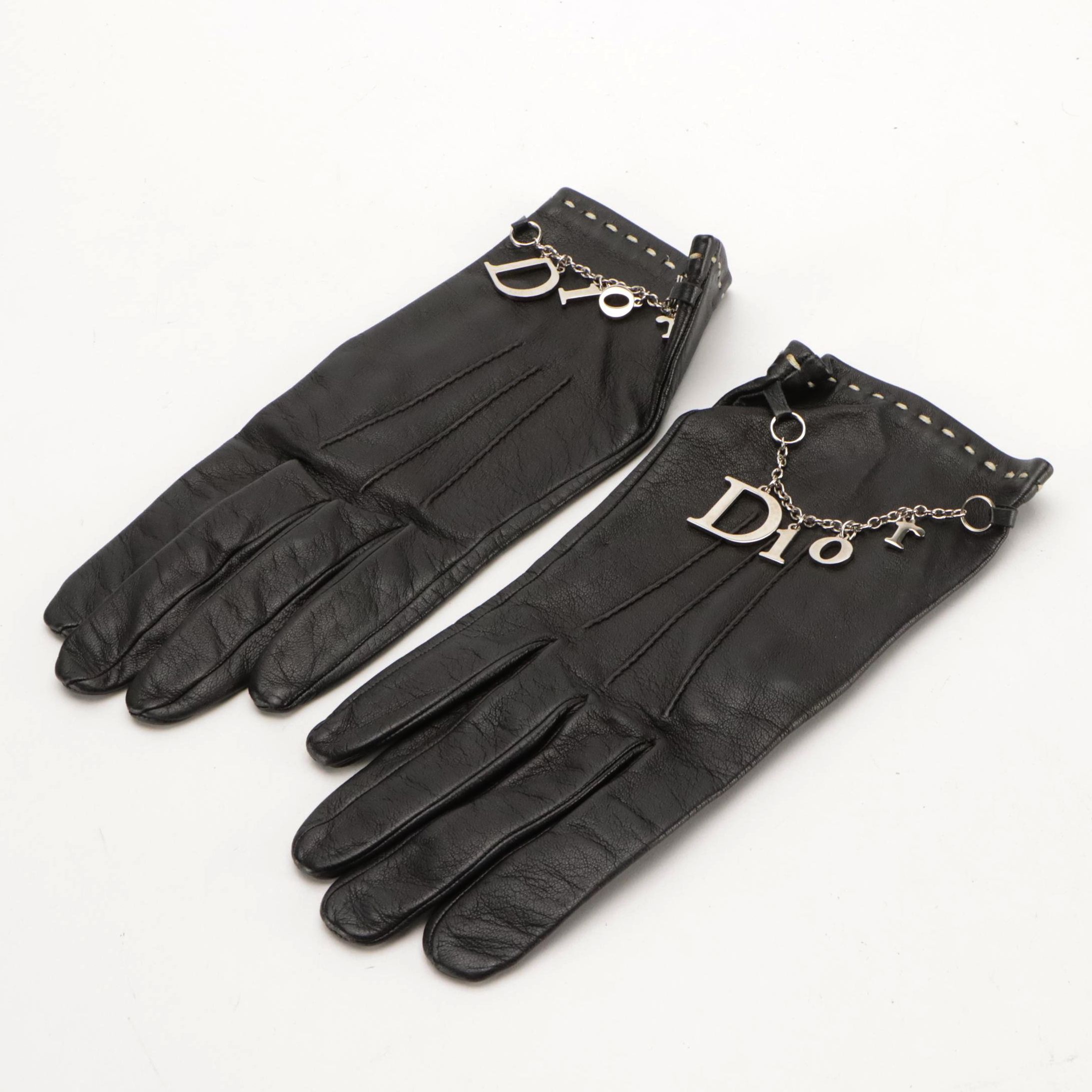 Christian Dior Black Silk-Lined Lambskin Leather Charms Gloves