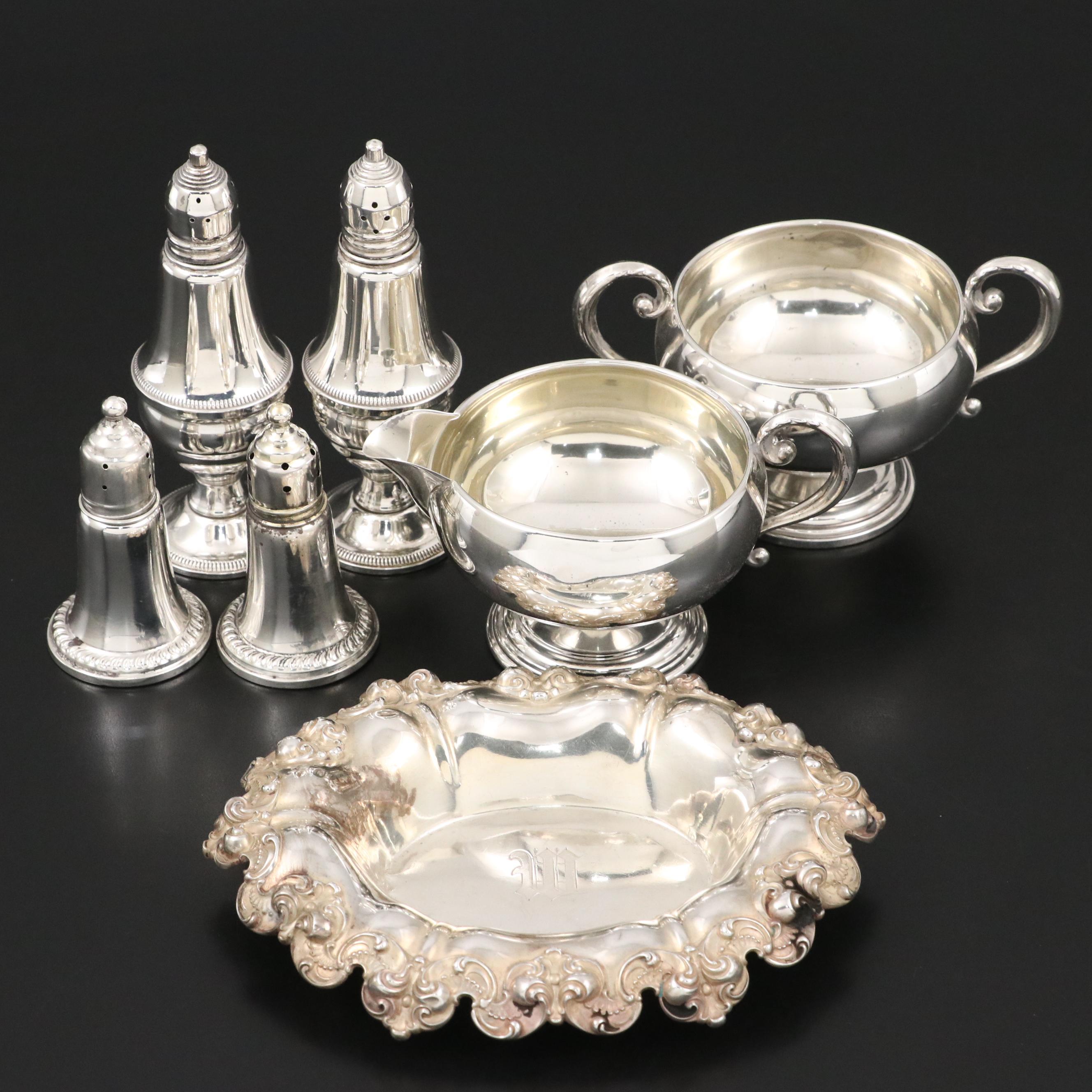 Frank M. Whiting Sterling Silver Creamer and Sugar Bowl with Other Tableware