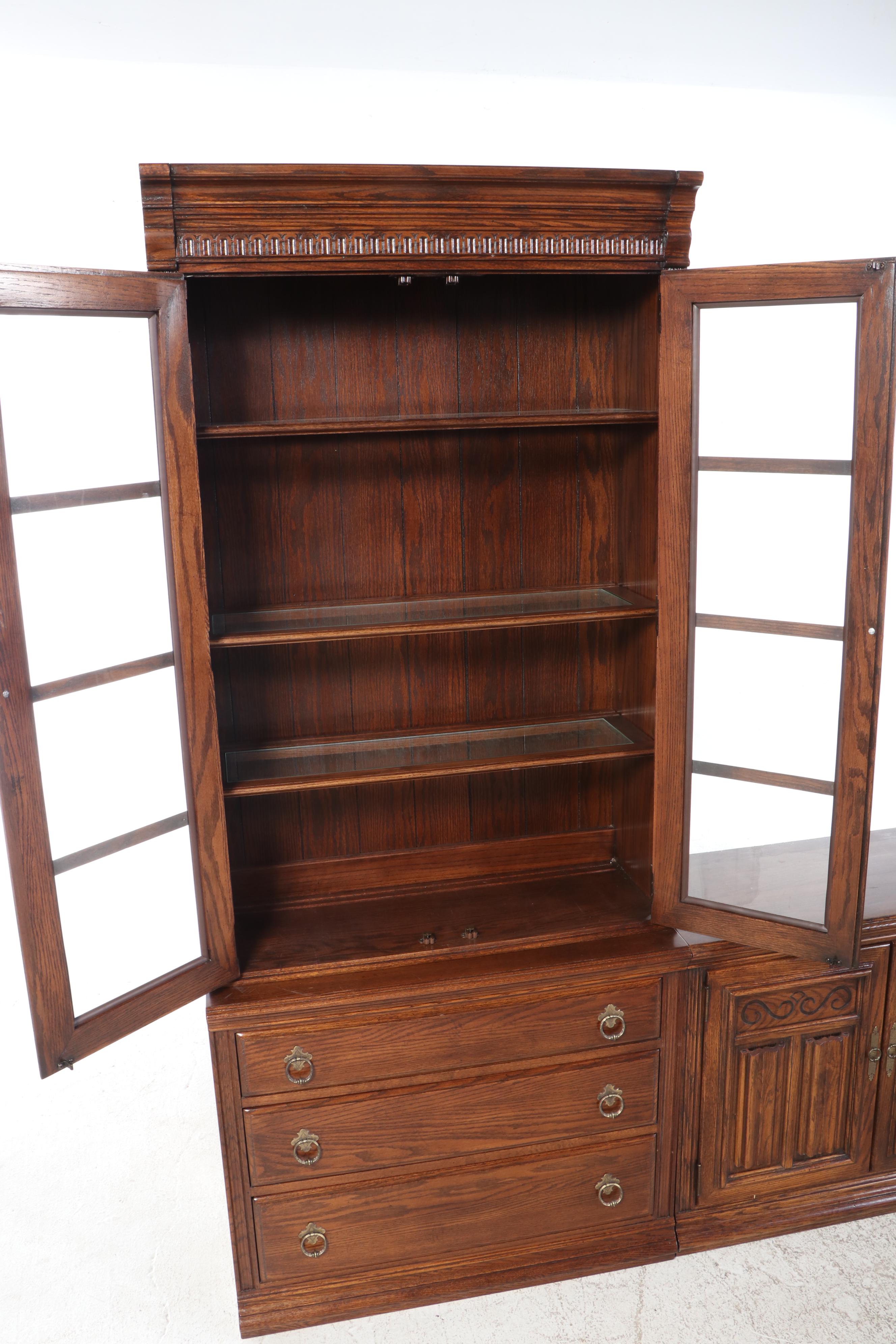 Ethan Allen Georgian Style Oak Finish Media Center with Illuminated Cabinets