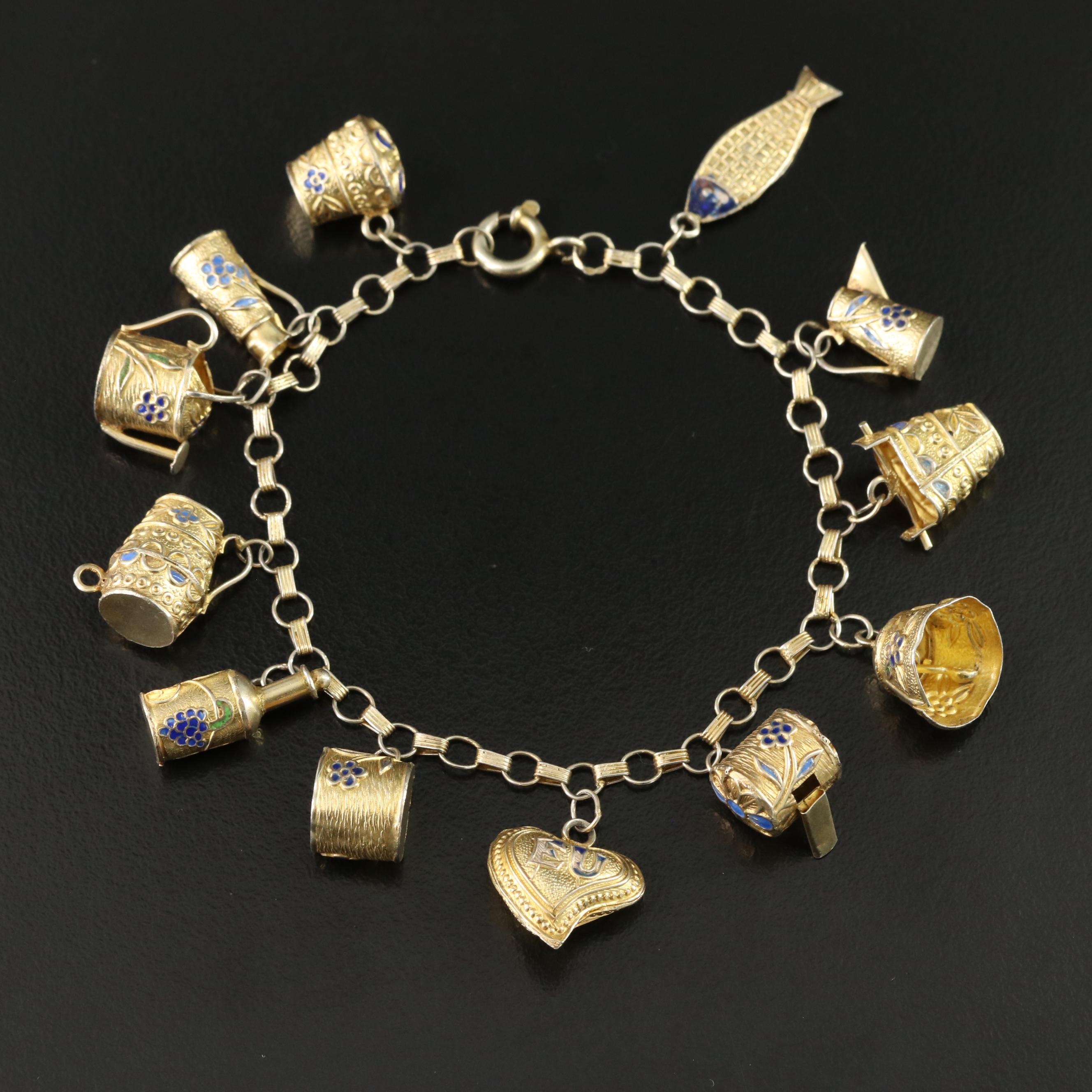 Portuguese 835 Silver Enamel Charm Bracelet