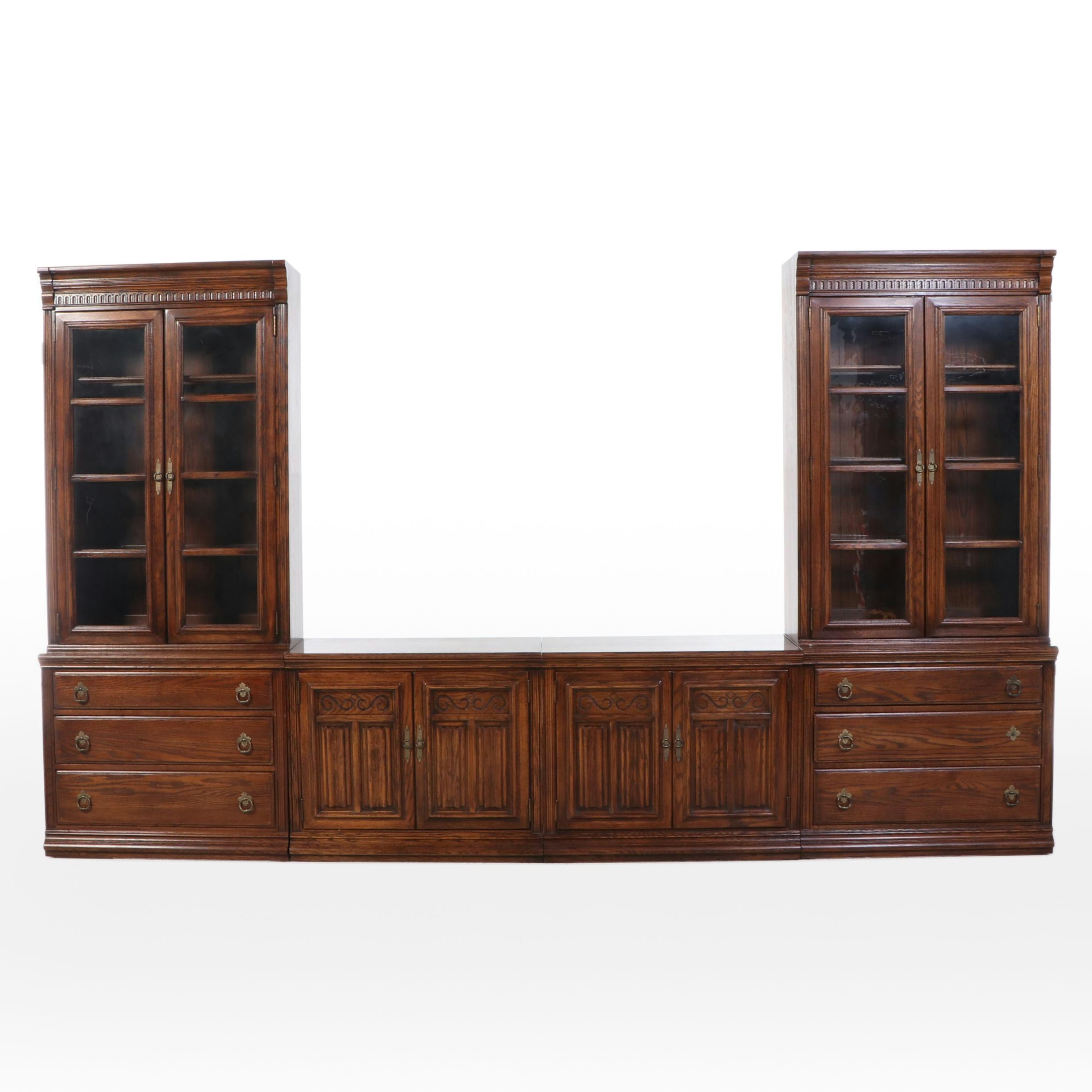 Ethan Allen Georgian Style Oak Finish Media Center with Illuminated Cabinets