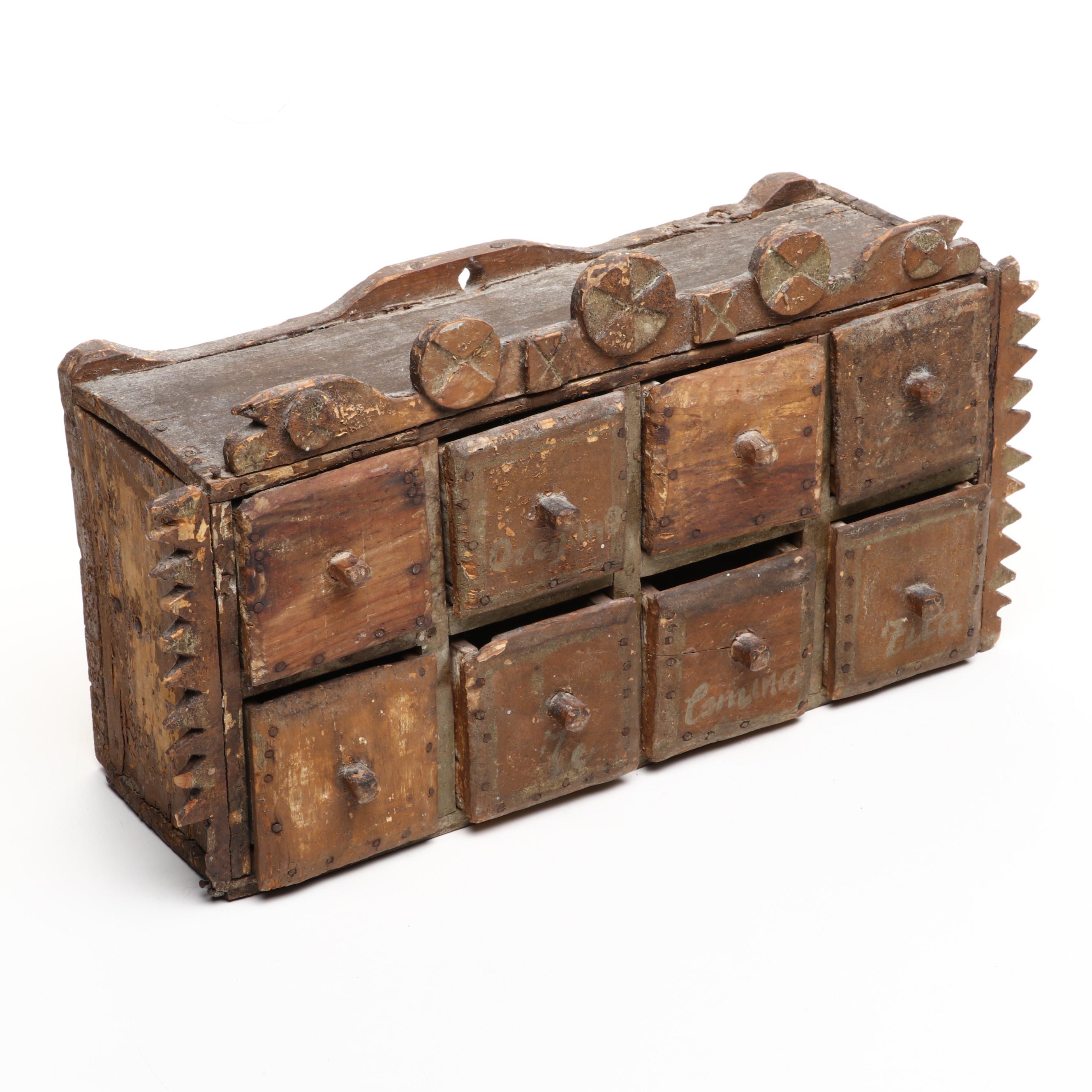Mexican Folk Art Carved Wood Eight Drawer Spice Cabinet, 19th Century