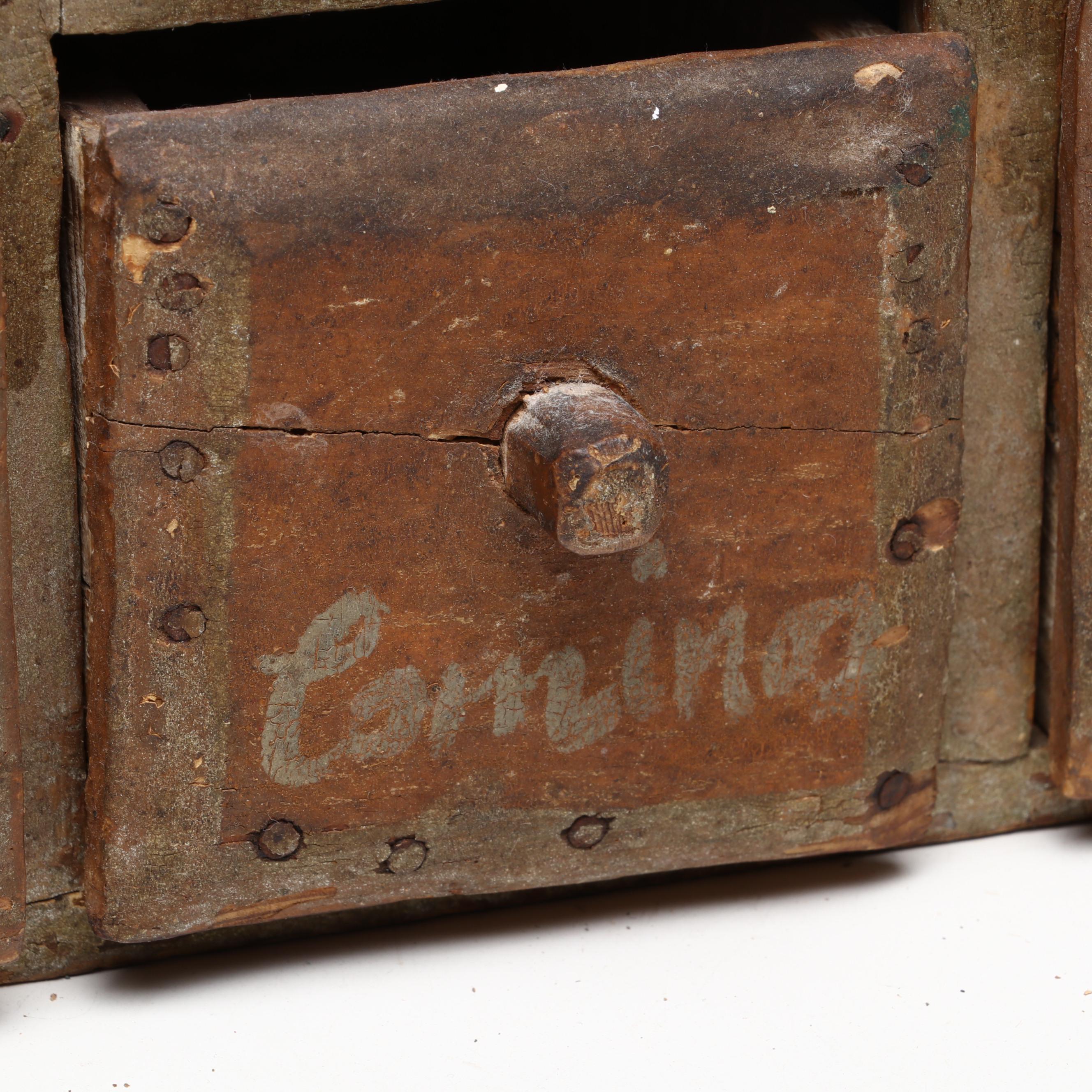 Mexican Folk Art Carved Wood Eight Drawer Spice Cabinet, 19th Century