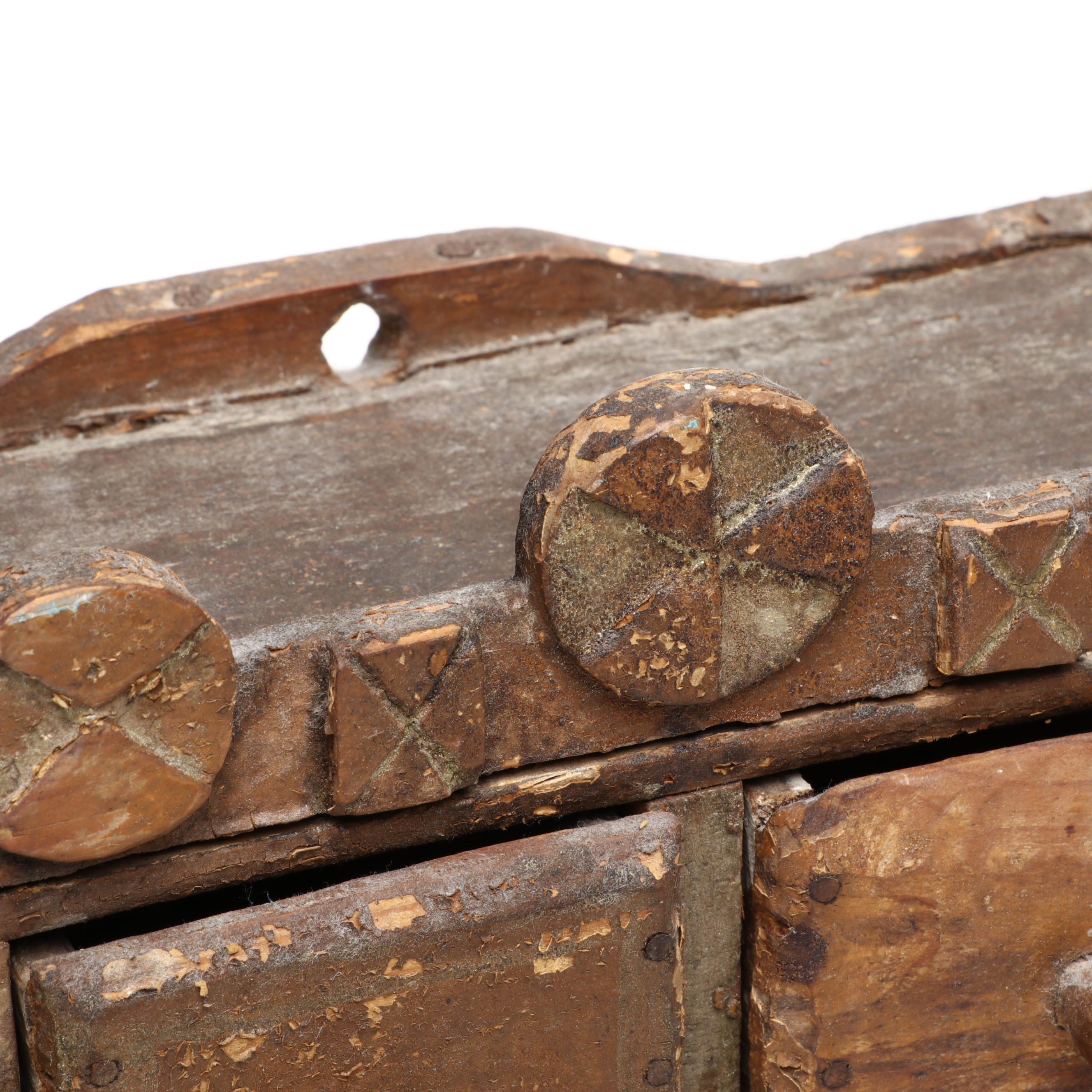 Mexican Folk Art Carved Wood Eight Drawer Spice Cabinet, 19th Century
