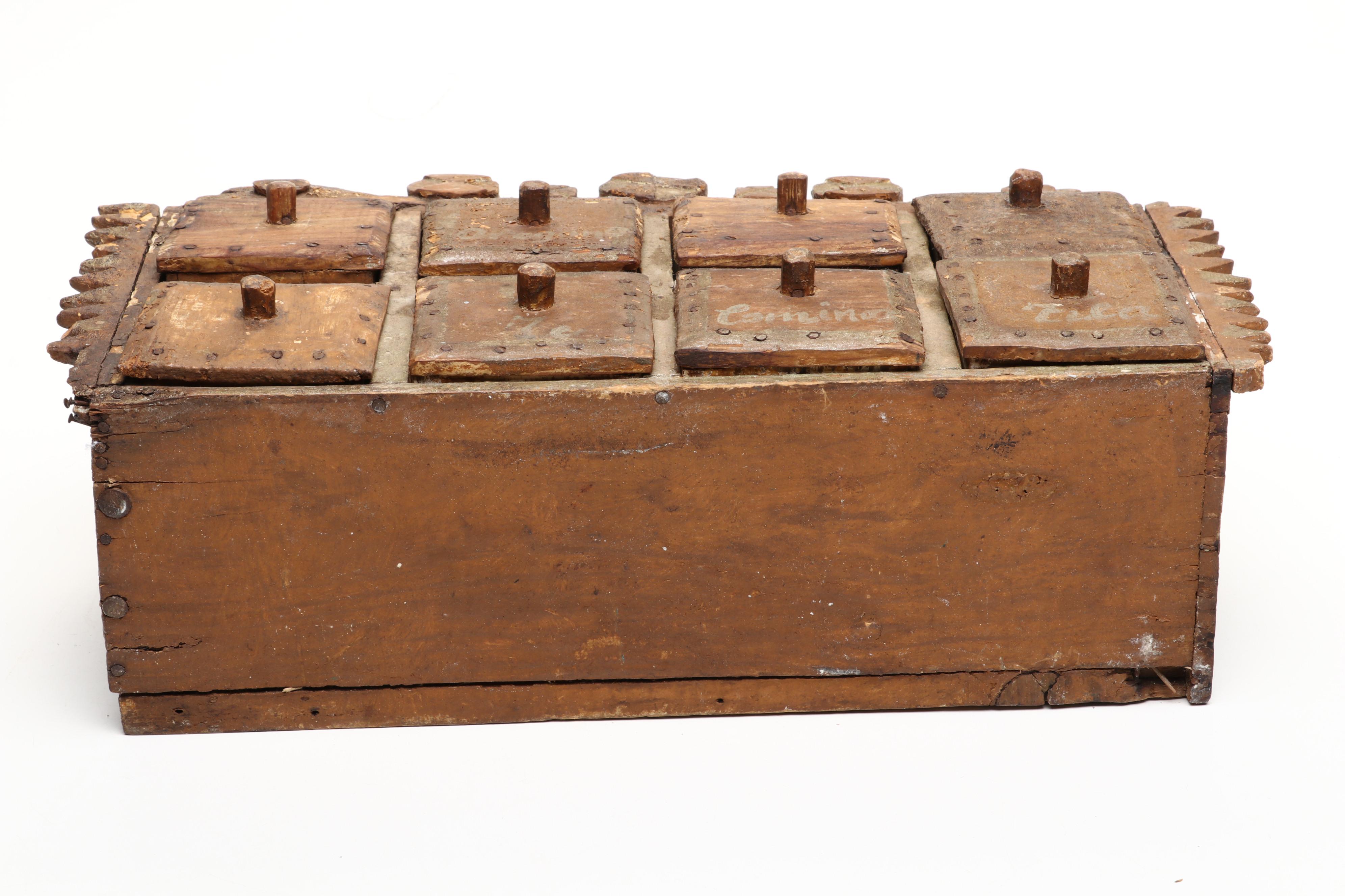 Mexican Folk Art Carved Wood Eight Drawer Spice Cabinet, 19th Century