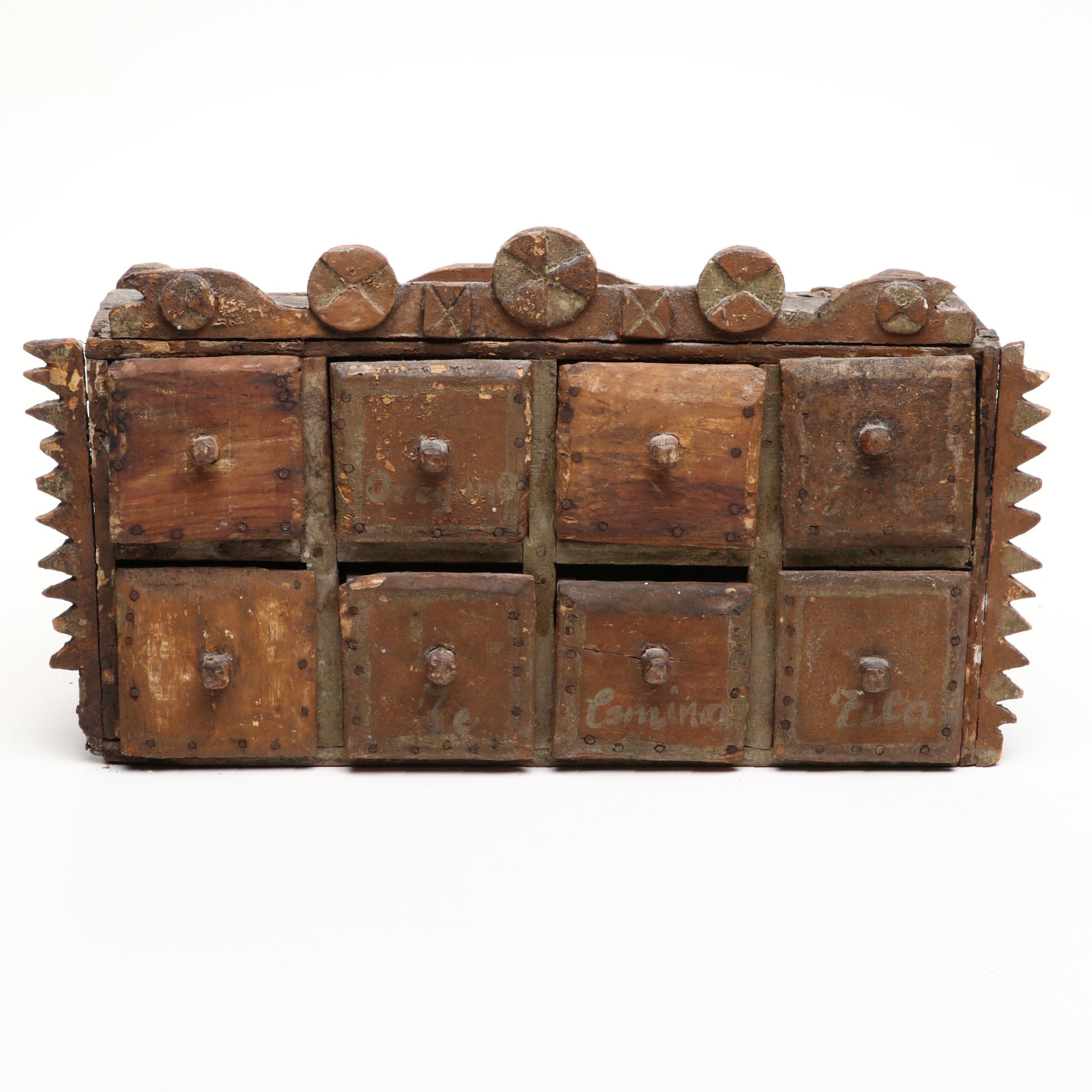 Mexican Folk Art Carved Wood Eight Drawer Spice Cabinet, 19th Century