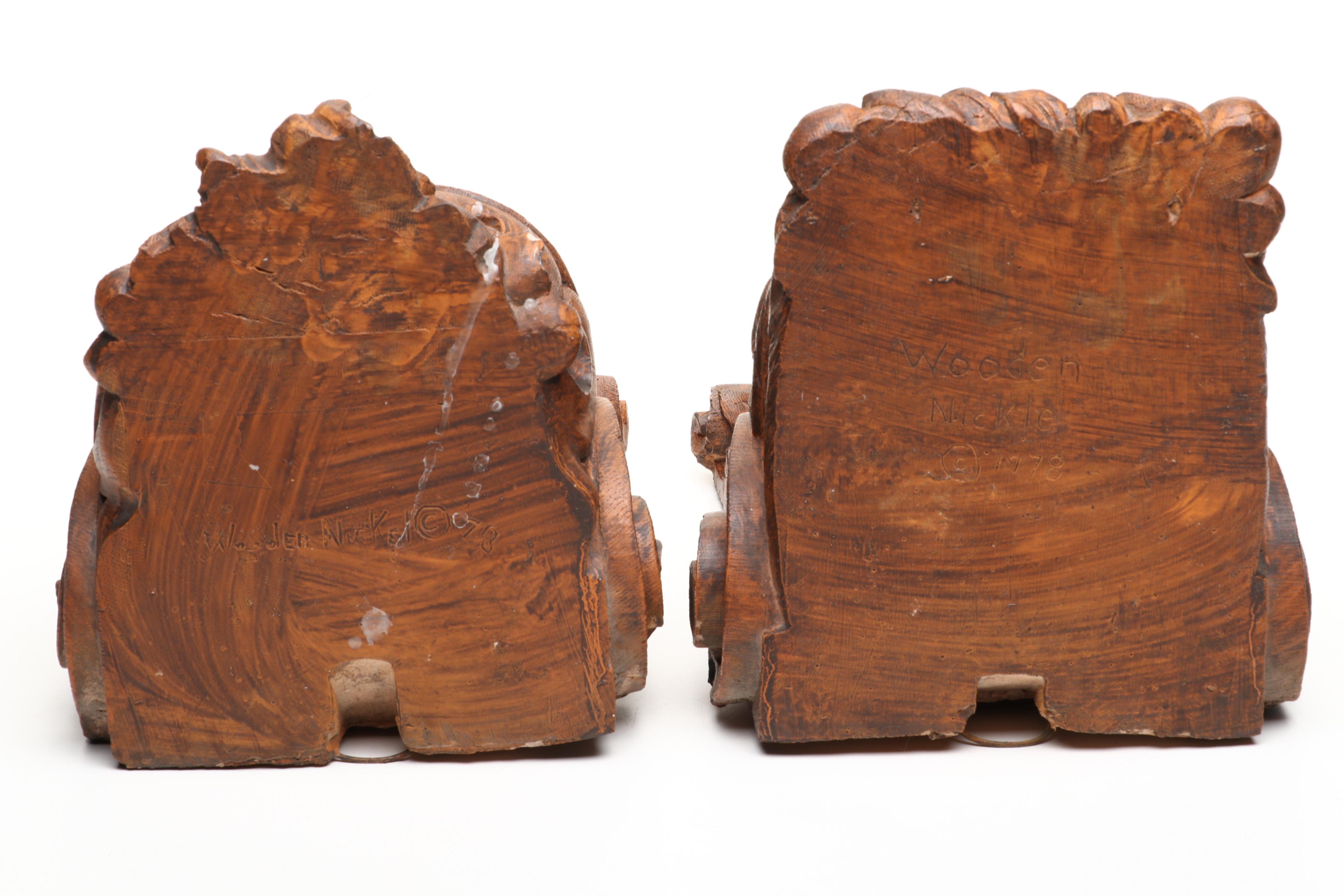 Wooden Nickel Faux Bois Northman and Lady Cast Resin Corbels, 1978