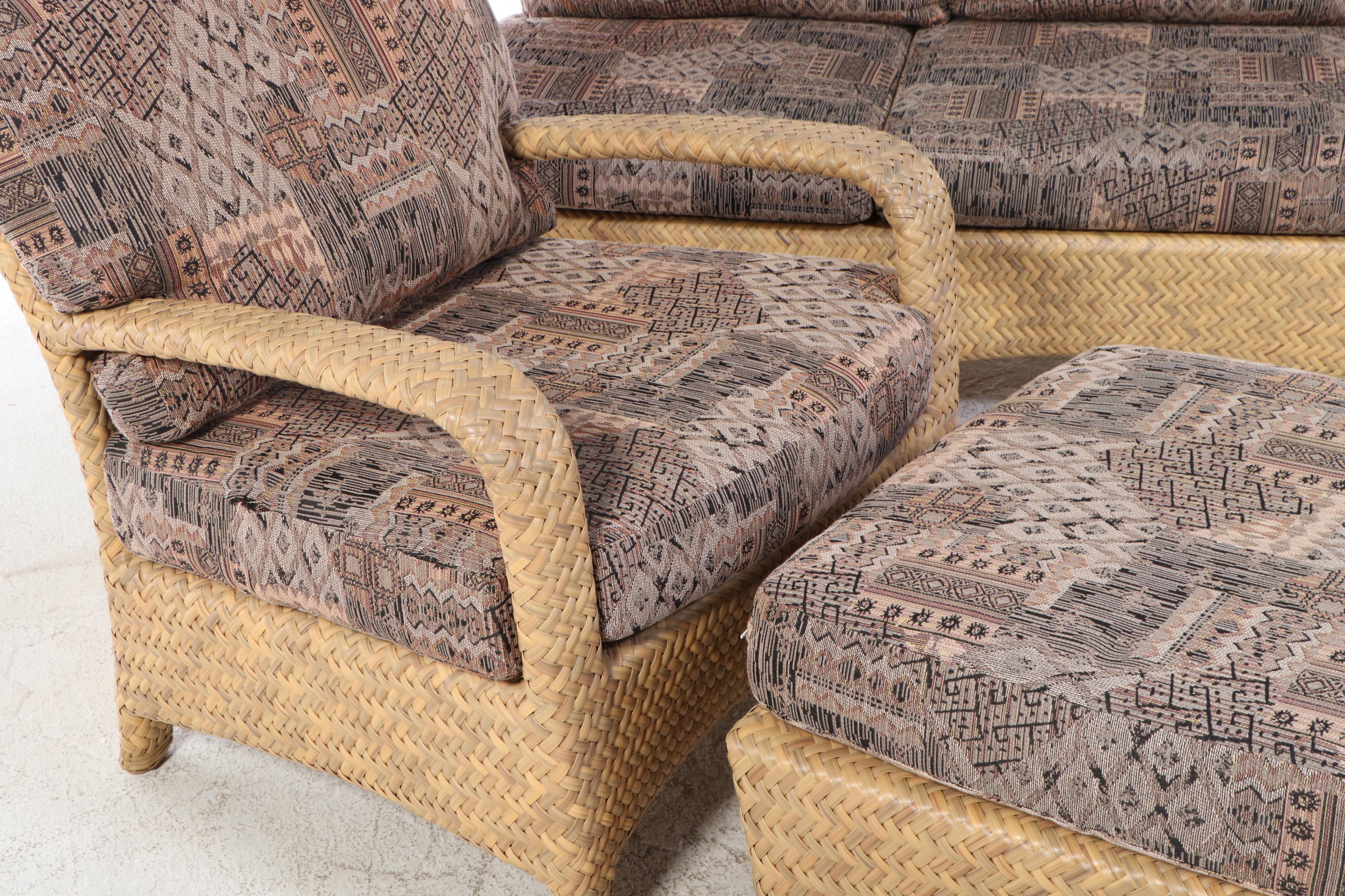 Resin Wicker Patio Sofa, Armchair, and Ottoman with Wooden Accent Table