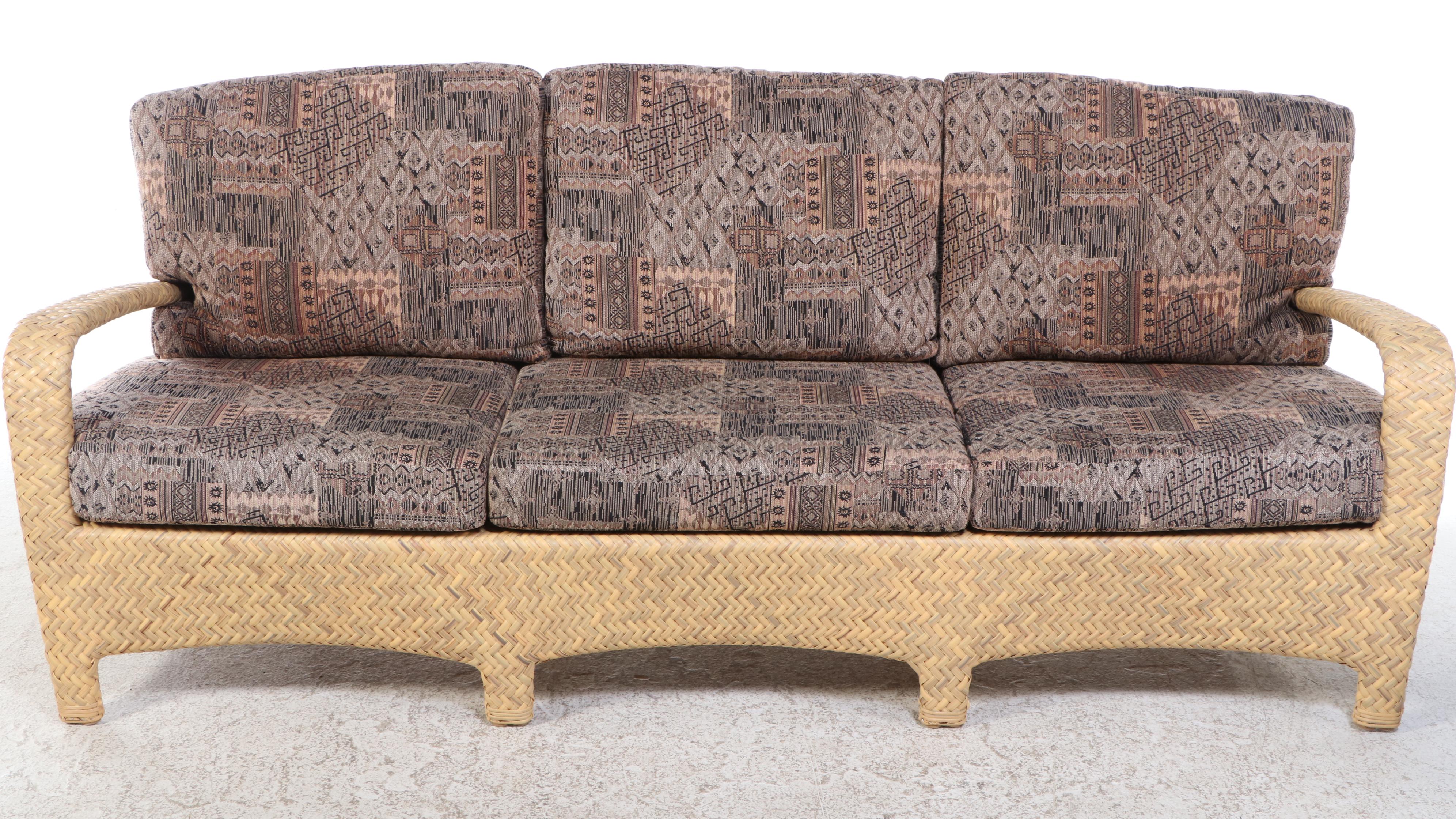 Resin Wicker Patio Sofa, Armchair, and Ottoman with Wooden Accent Table