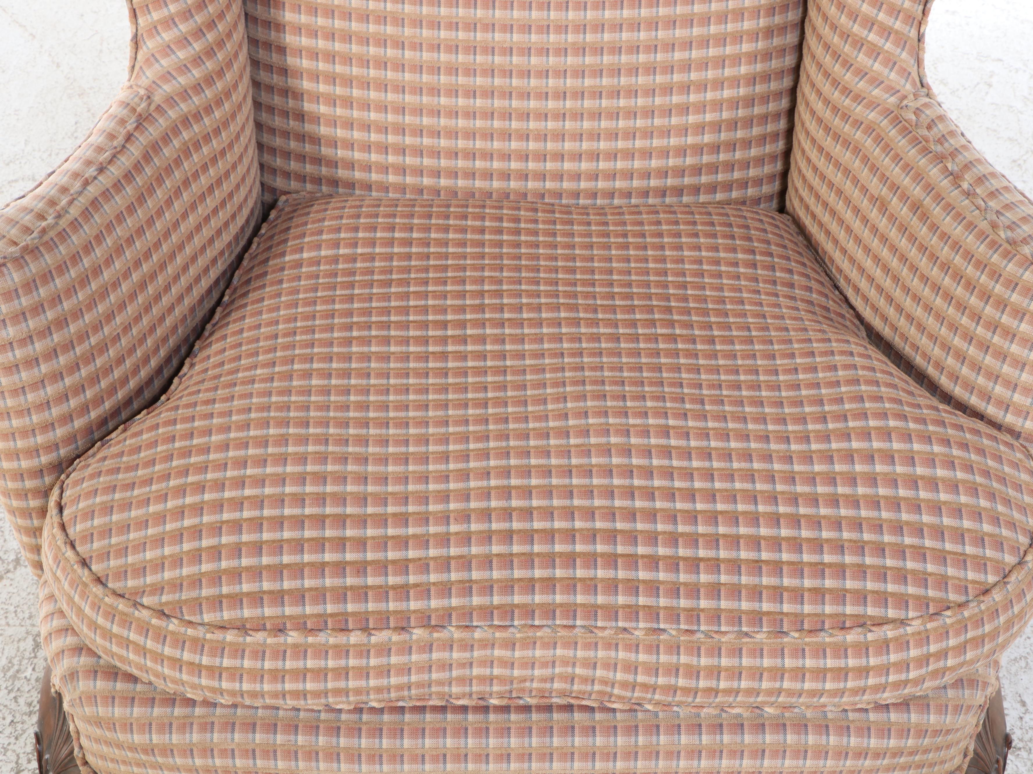 Queen Anne Style Mahogany & Custom-Upholstered Wingback Chair, 20th Century