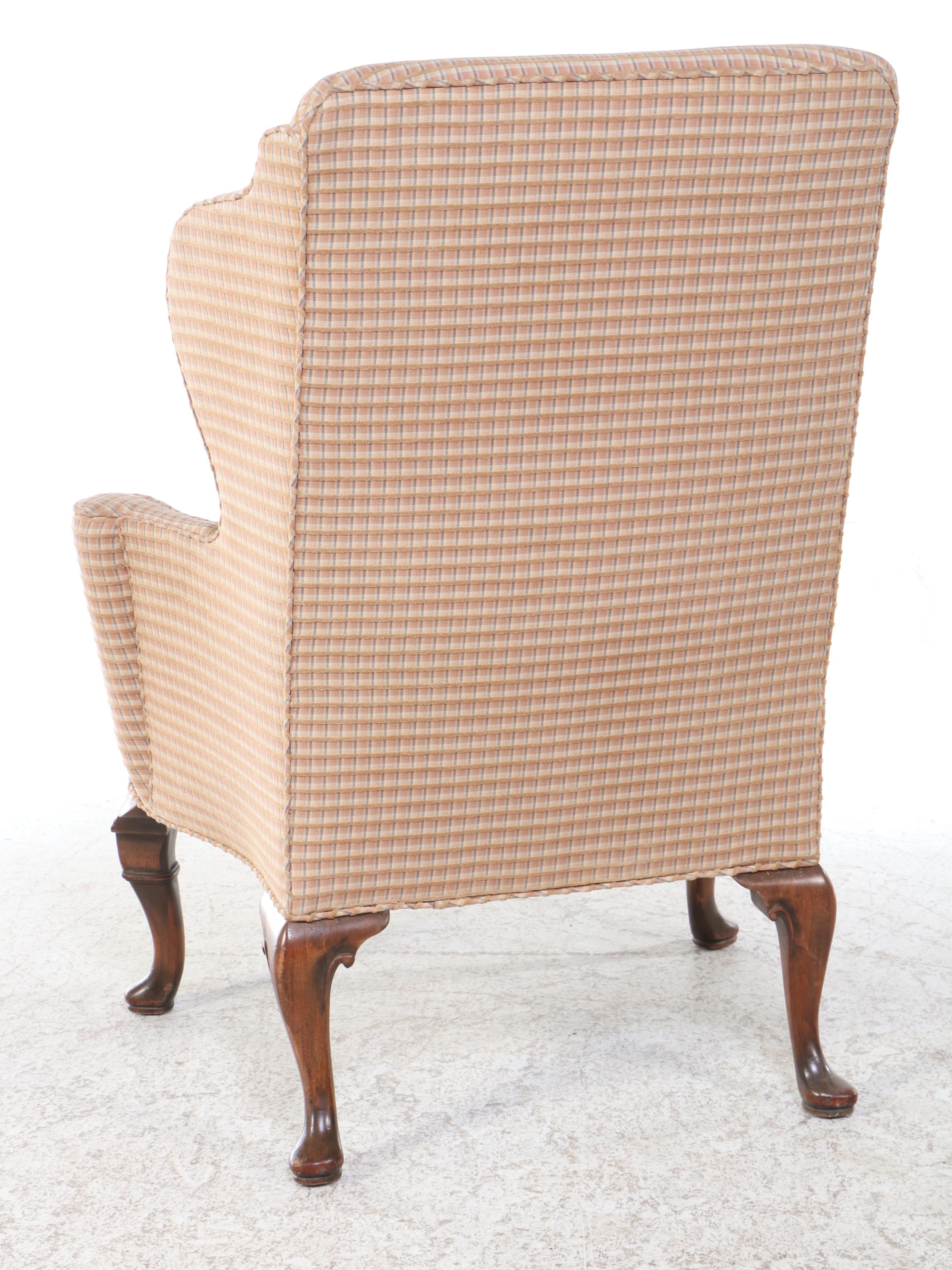 Queen Anne Style Mahogany & Custom-Upholstered Wingback Chair, 20th Century