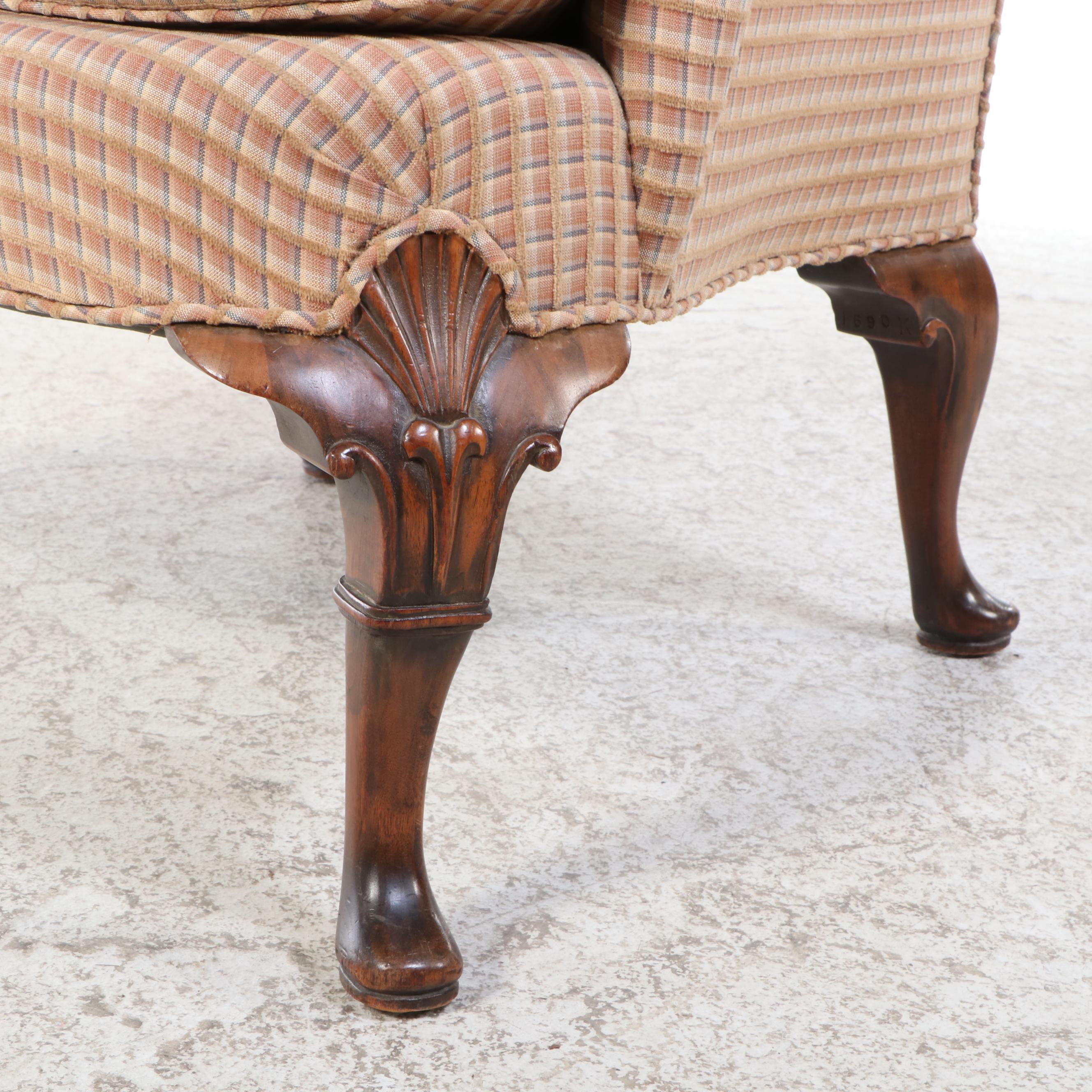 Queen Anne Style Mahogany & Custom-Upholstered Wingback Chair, 20th Century