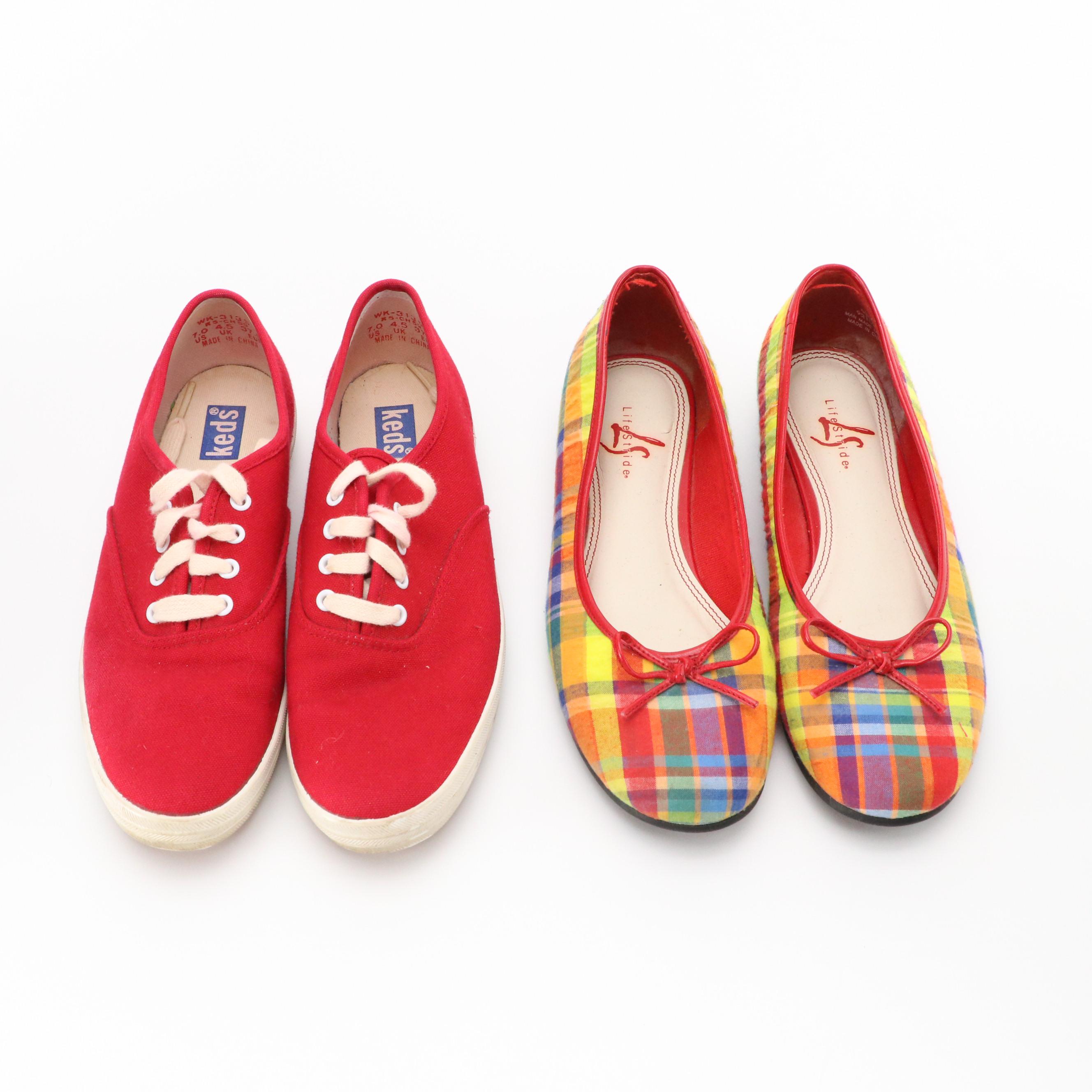 Keds Red Lace-Up Sneakers and Life Stride Colorful Plaid Flats