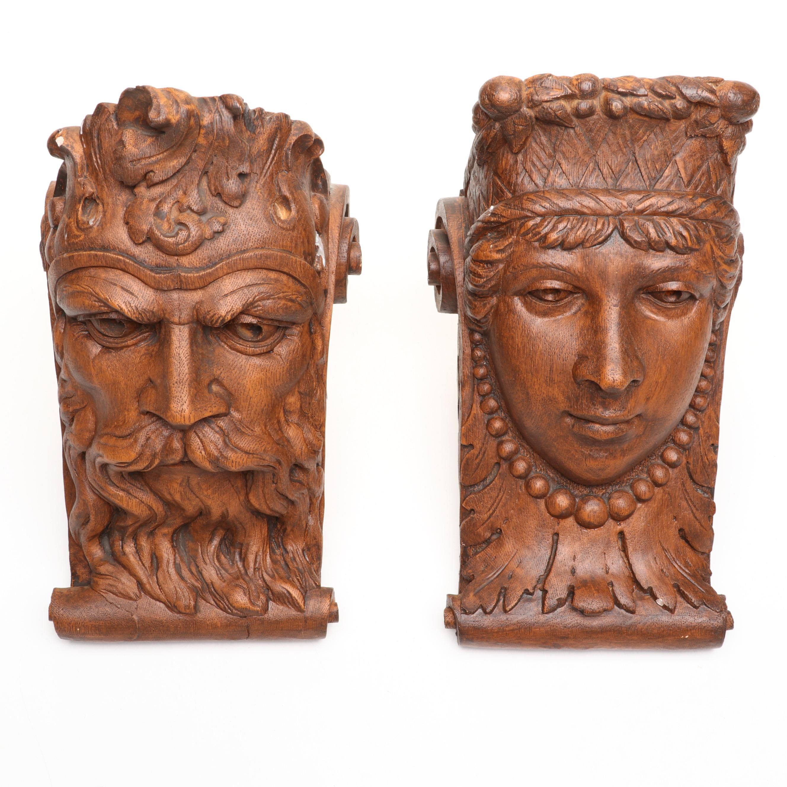 Wooden Nickel Faux Bois Northman and Lady Cast Resin Corbels, 1978