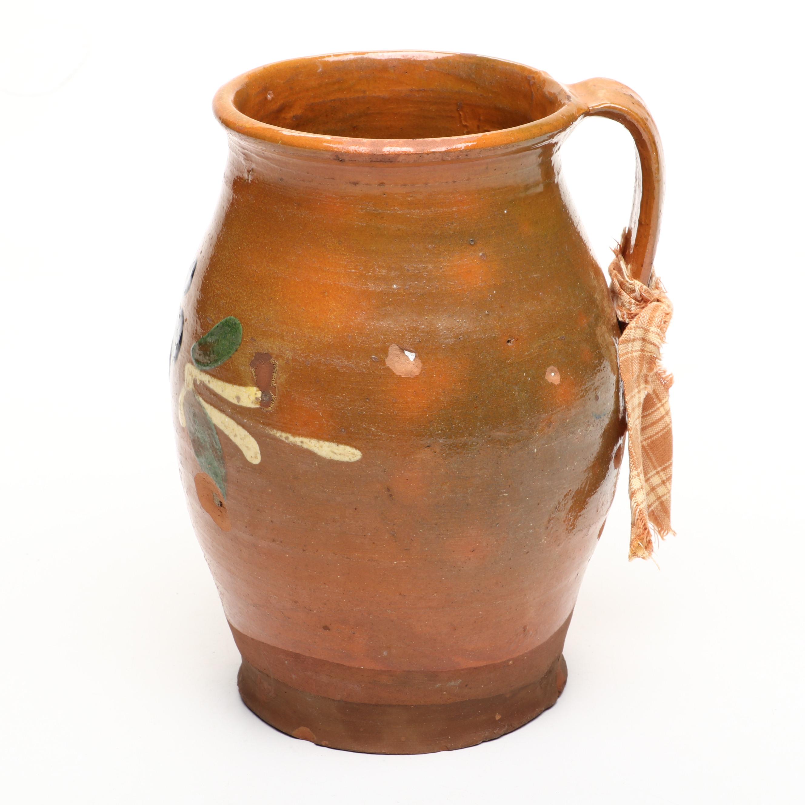 Hand-Painted and Glazed Terracotta Pitcher Vase