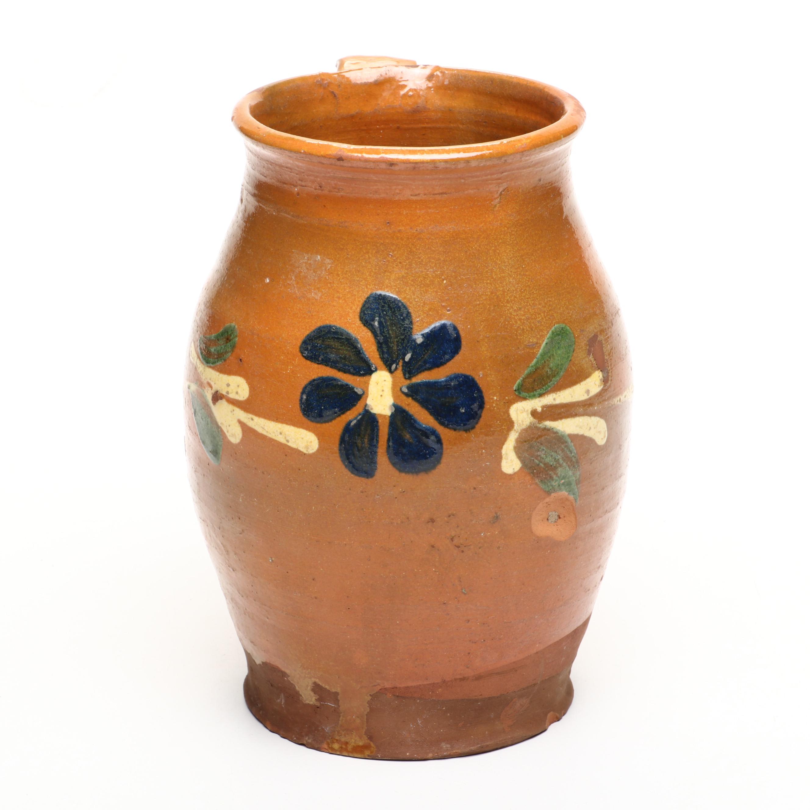 Hand-Painted and Glazed Terracotta Pitcher Vase