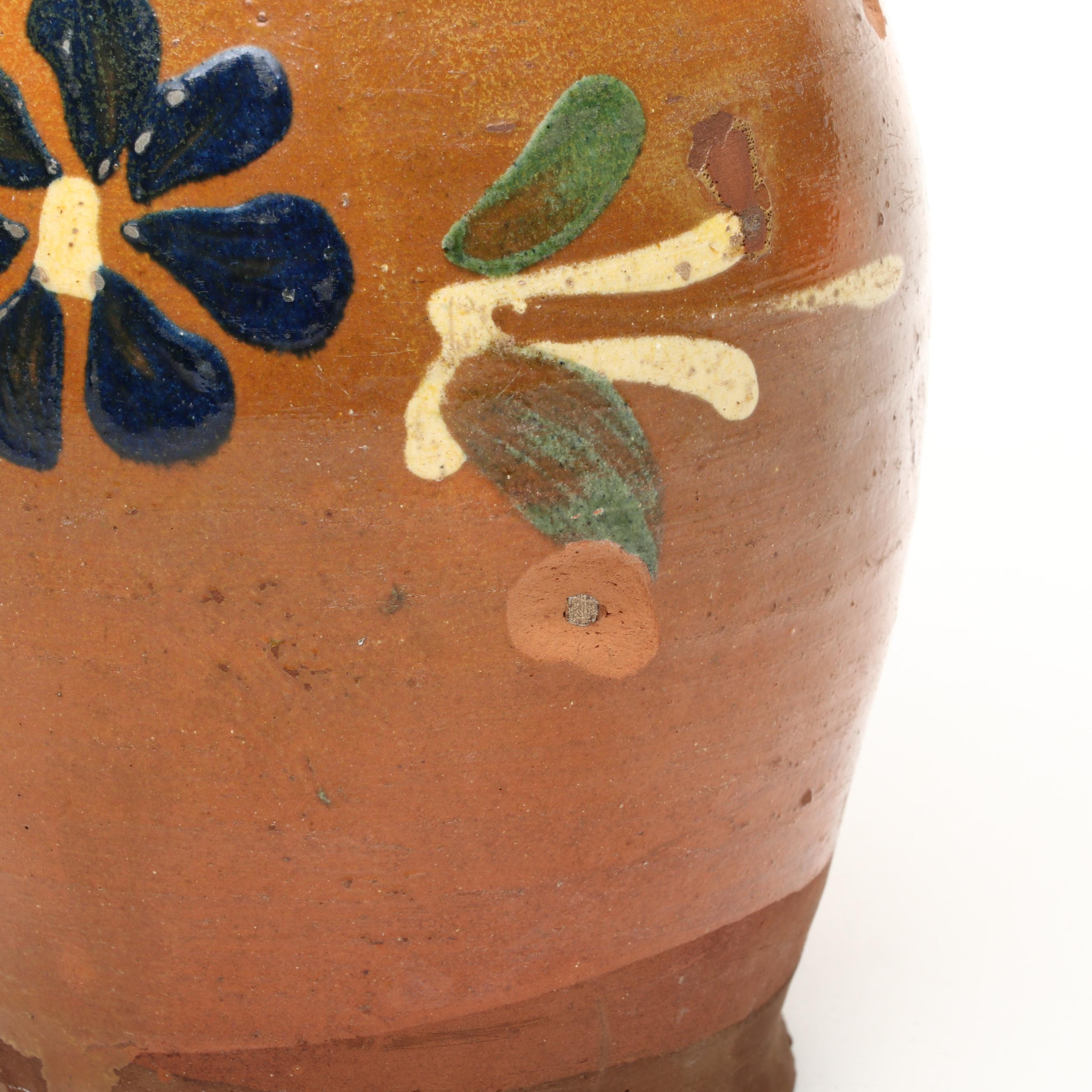 Hand-Painted and Glazed Terracotta Pitcher Vase