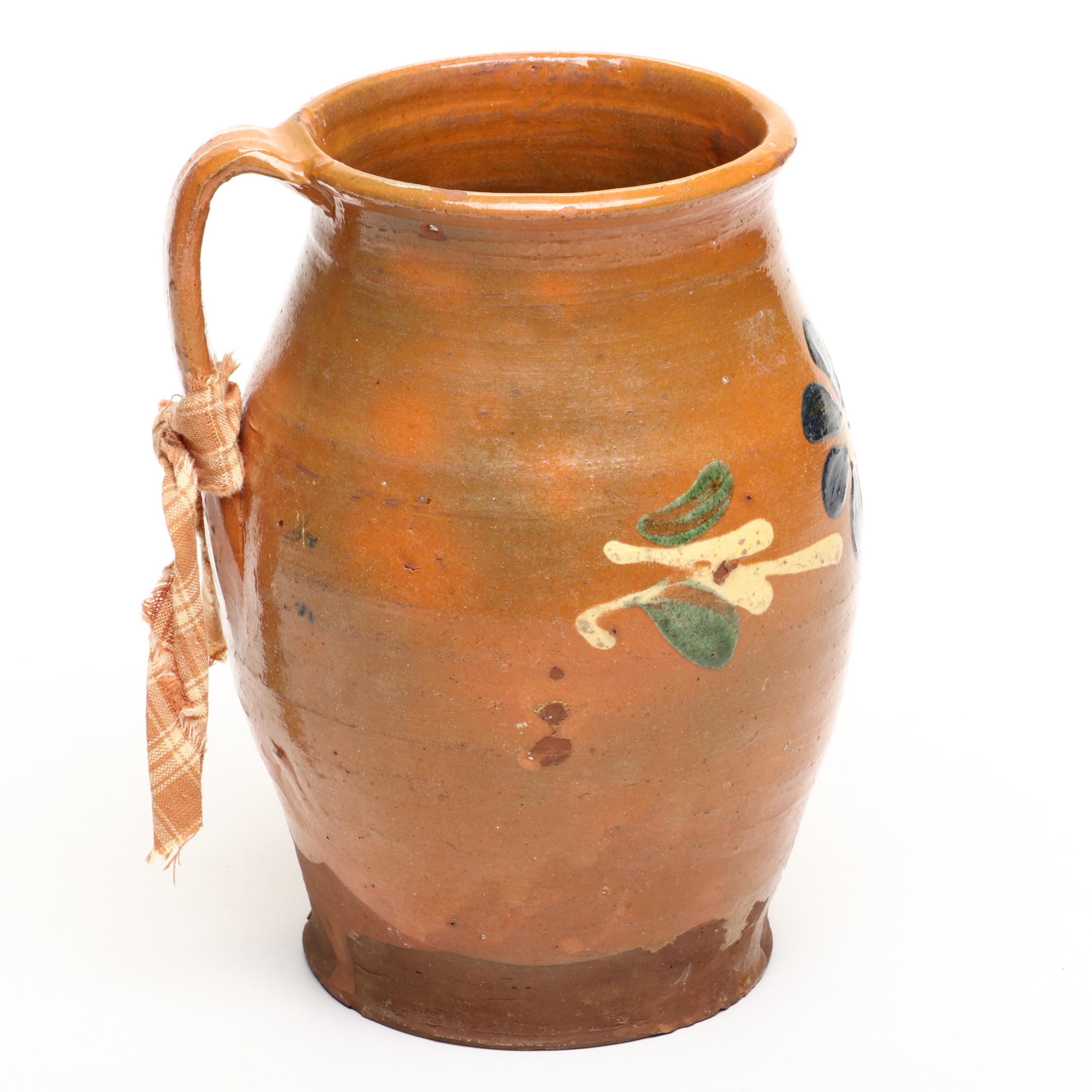 Hand-Painted and Glazed Terracotta Pitcher Vase