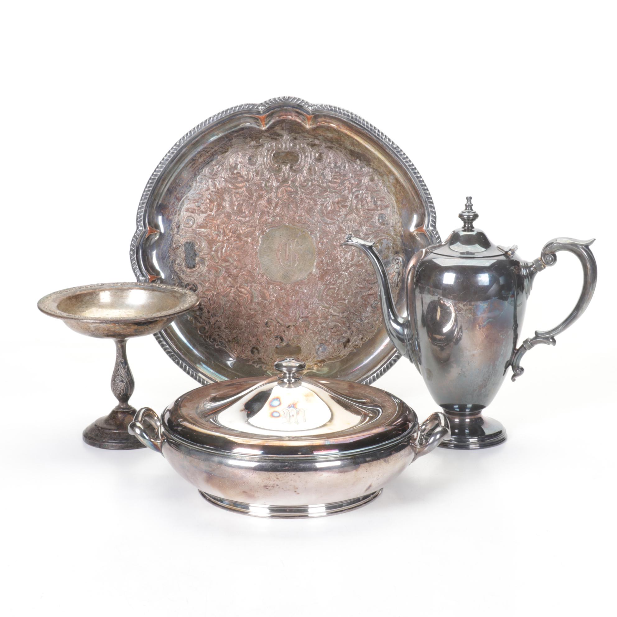 Wallace Baroque Round Gallery Tray and Other Silverplate Serving Pieces