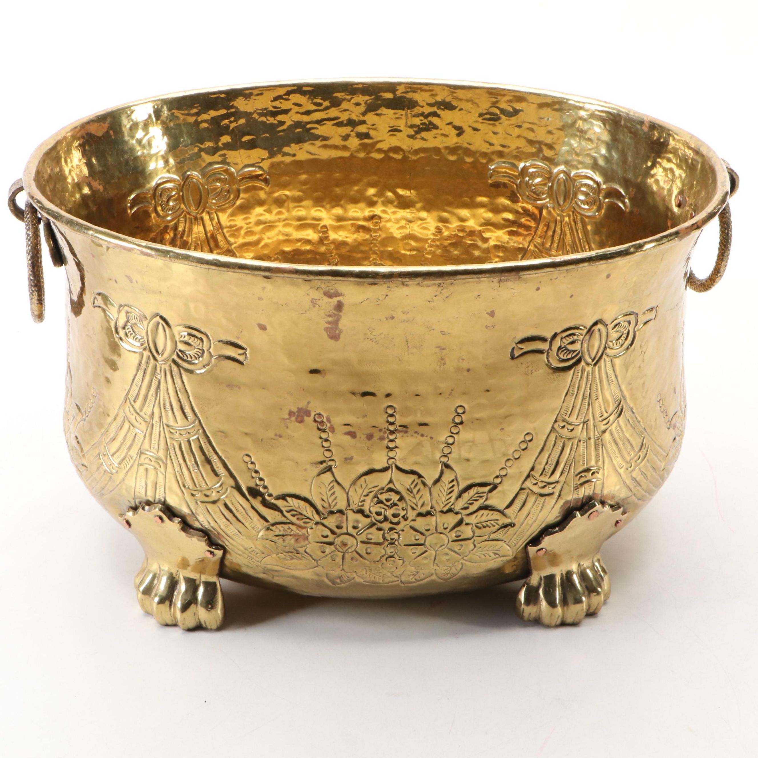 Brass Plated Ring Handled and Paw Foot Repoussé Jardinière