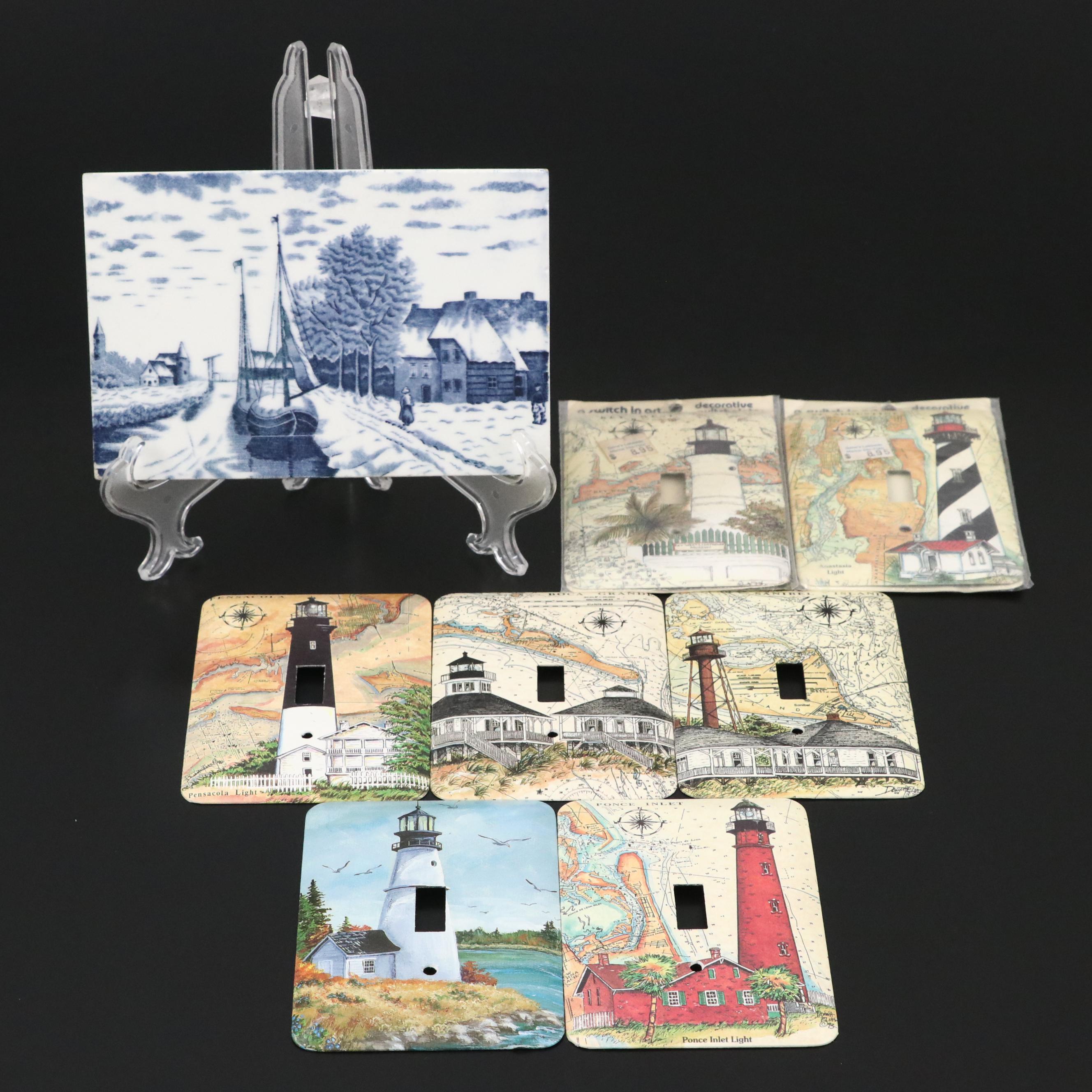 Delft Canal Scene Tile with Other Metal Lighthouse-Themed Switch Plates