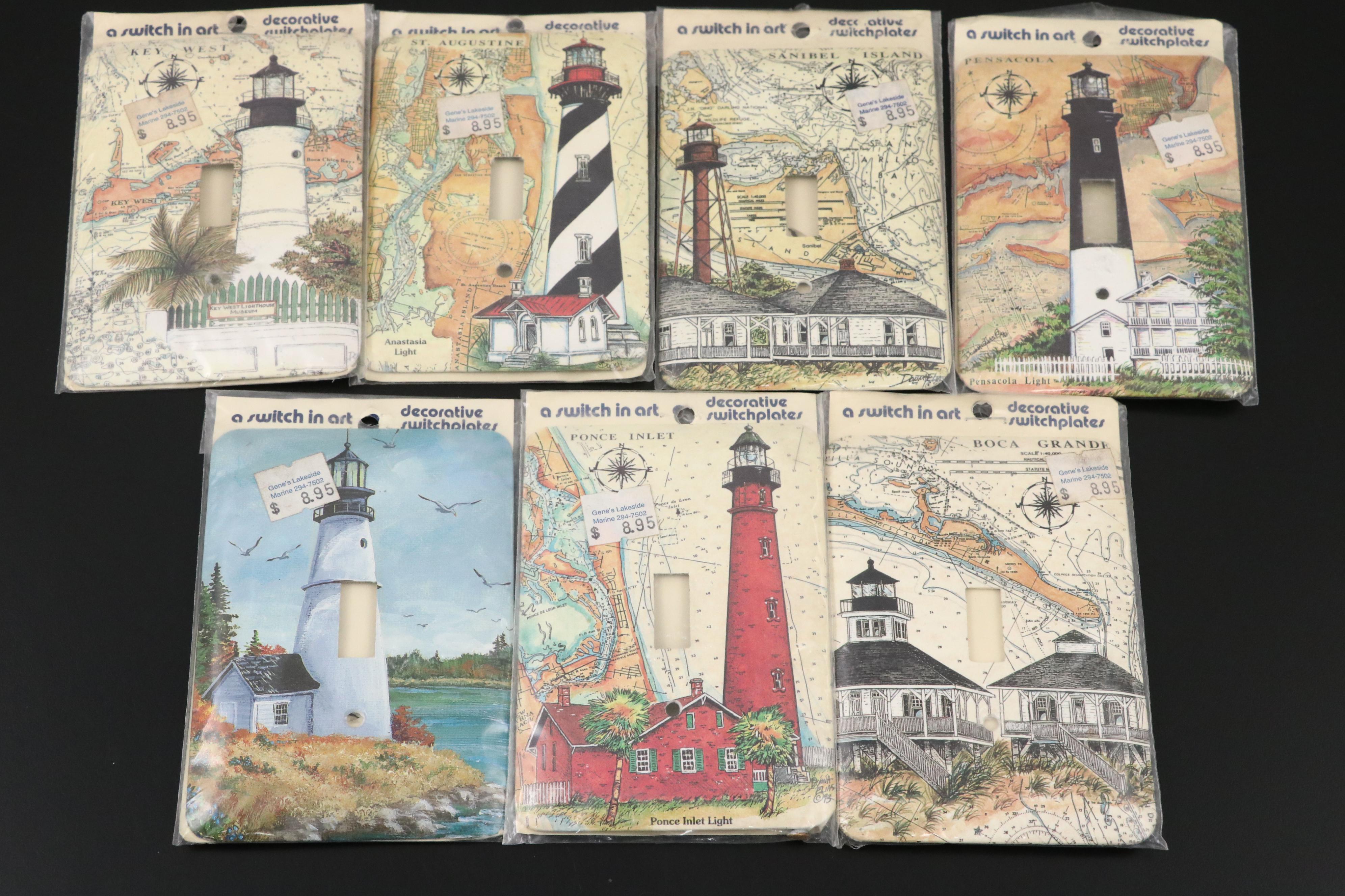 Delft Canal Scene Tile with Other Metal Lighthouse-Themed Switch Plates