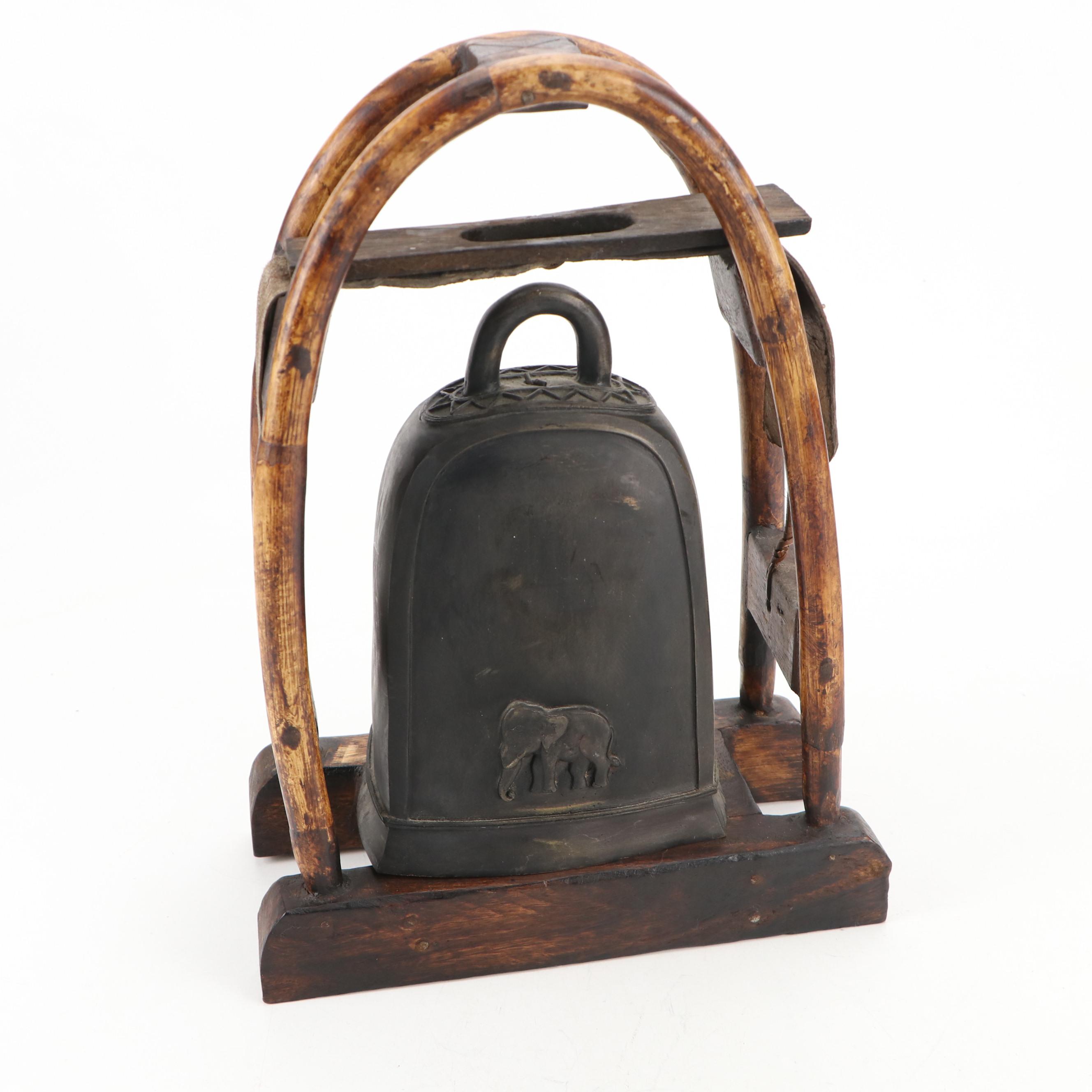 Burmese Hill Tribe Elephant Bell with Bent Cane Stand