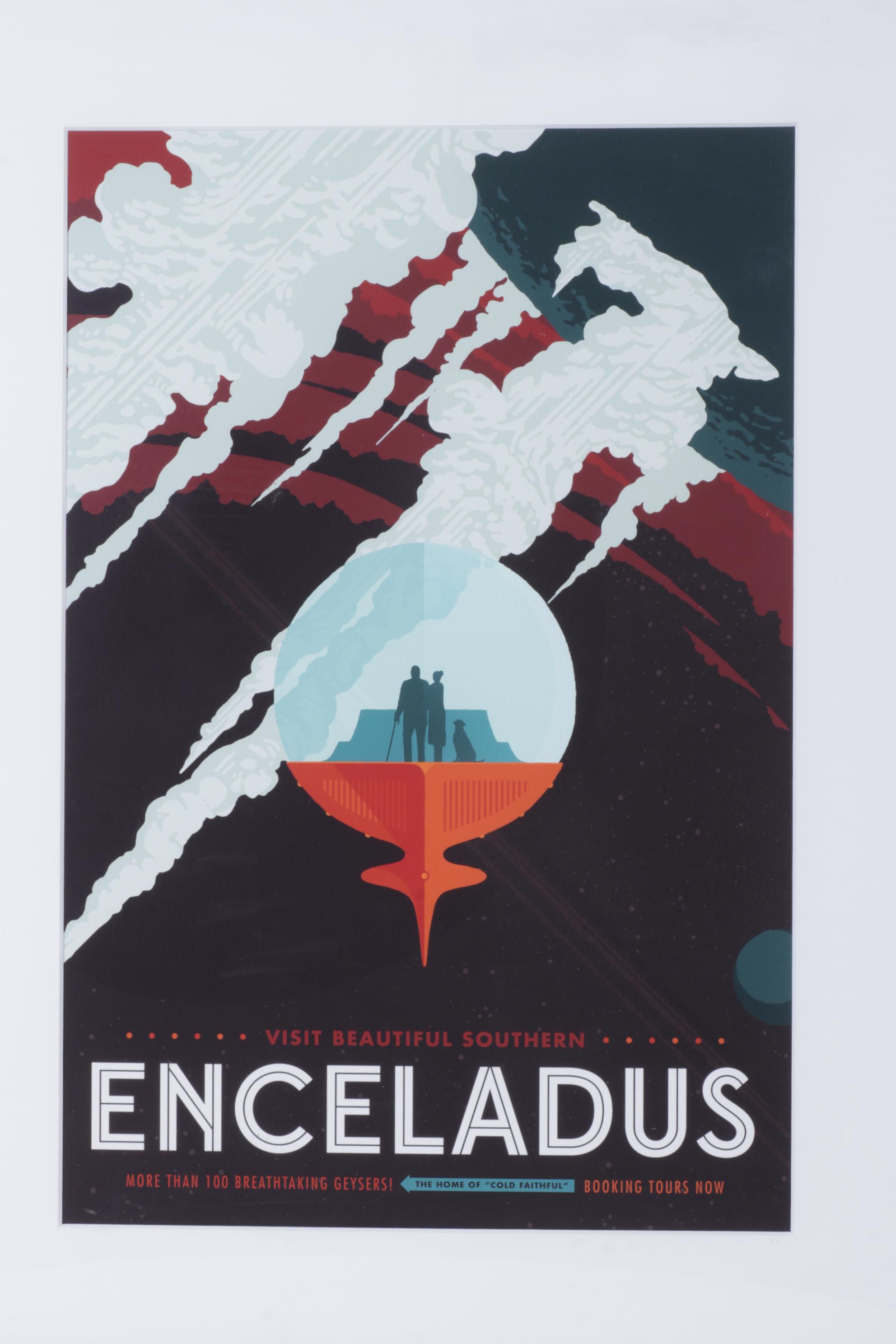 Retro-Futuristic "Enceladus" Travel Poster in Frame